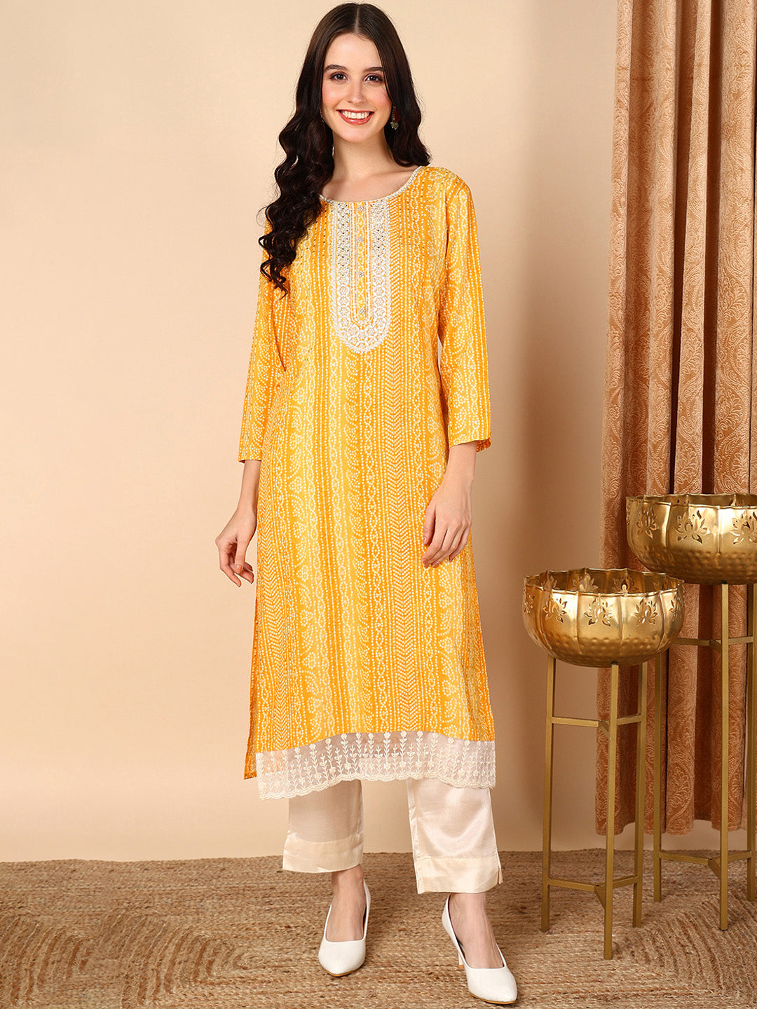 Women's Yellow Viscose Rayon Bandhani Printed Straight Kurta  - Ahika