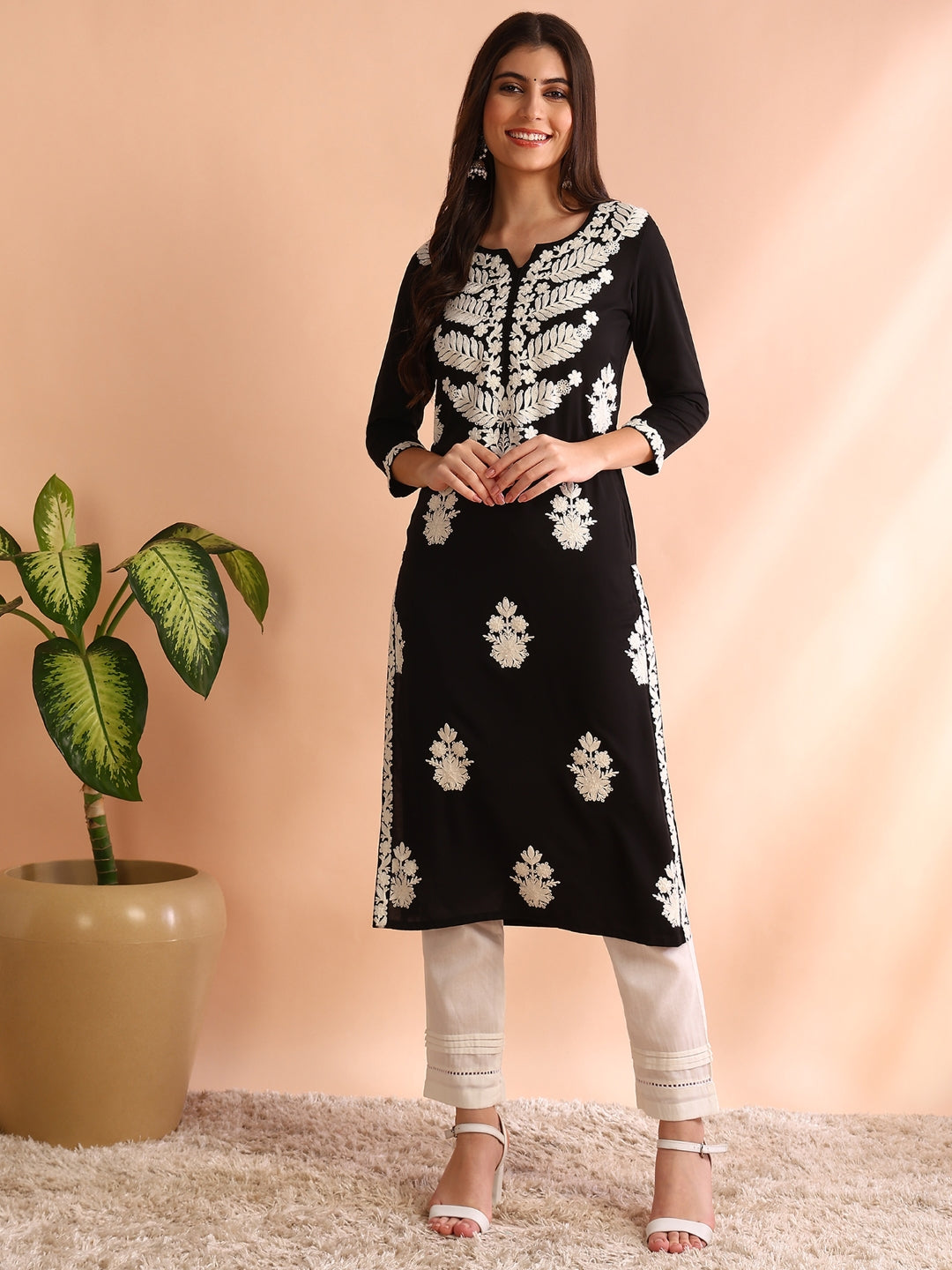 Women's Black Rayon Solid Embroidered Straight Kurta - Ahika