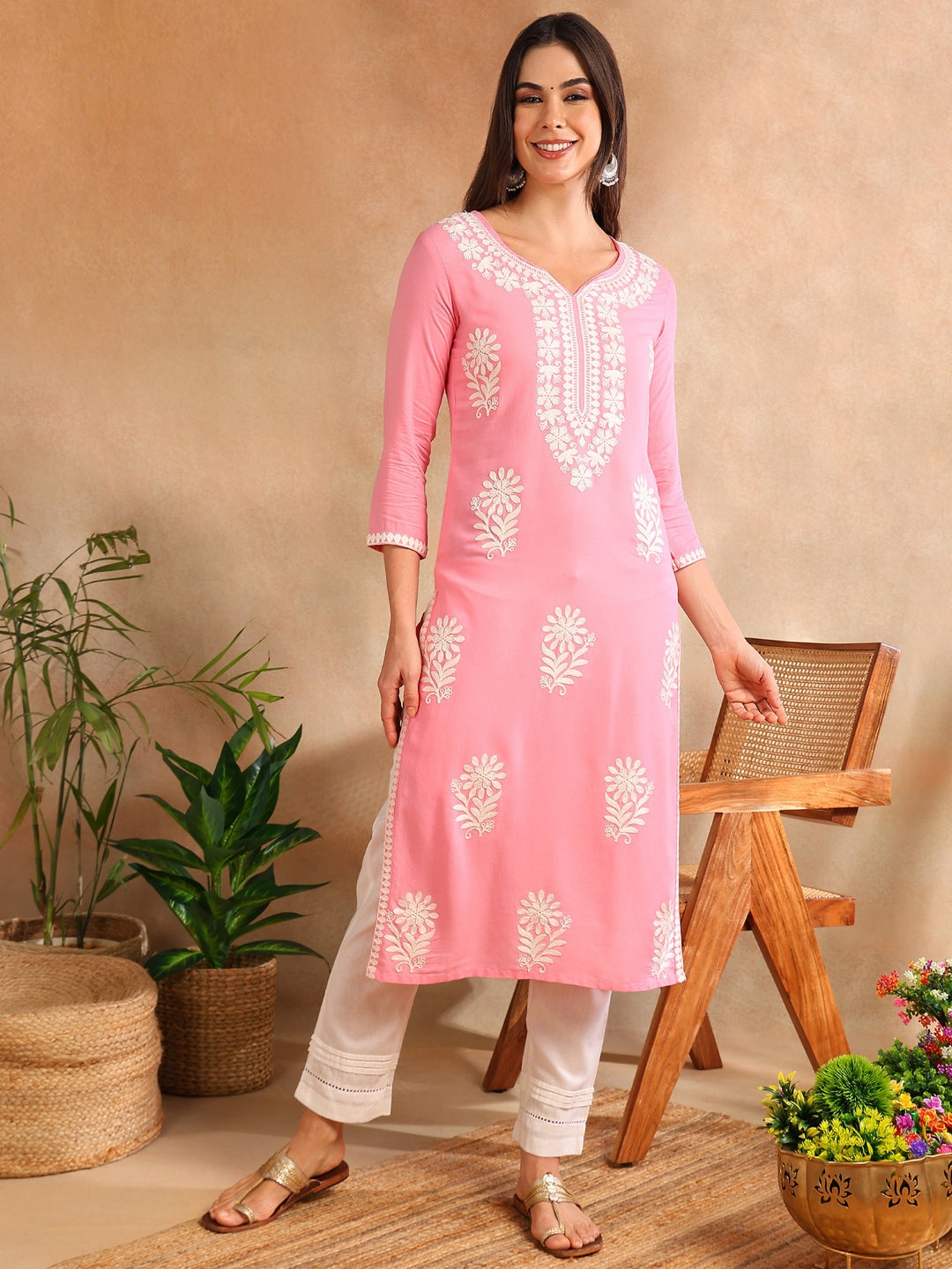 Women's Pink Rayon Solid Embroidered Straight Kurta - Ahika