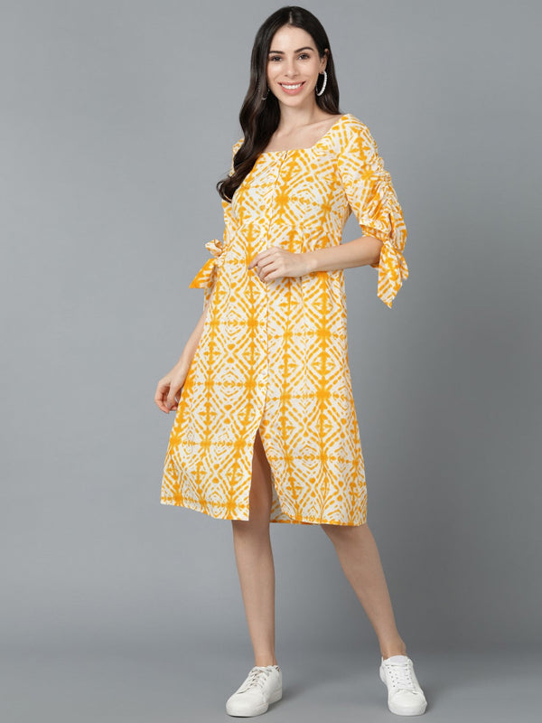 Women's Yellow Cotton Tie And Dye Printed Dress  - Ahika