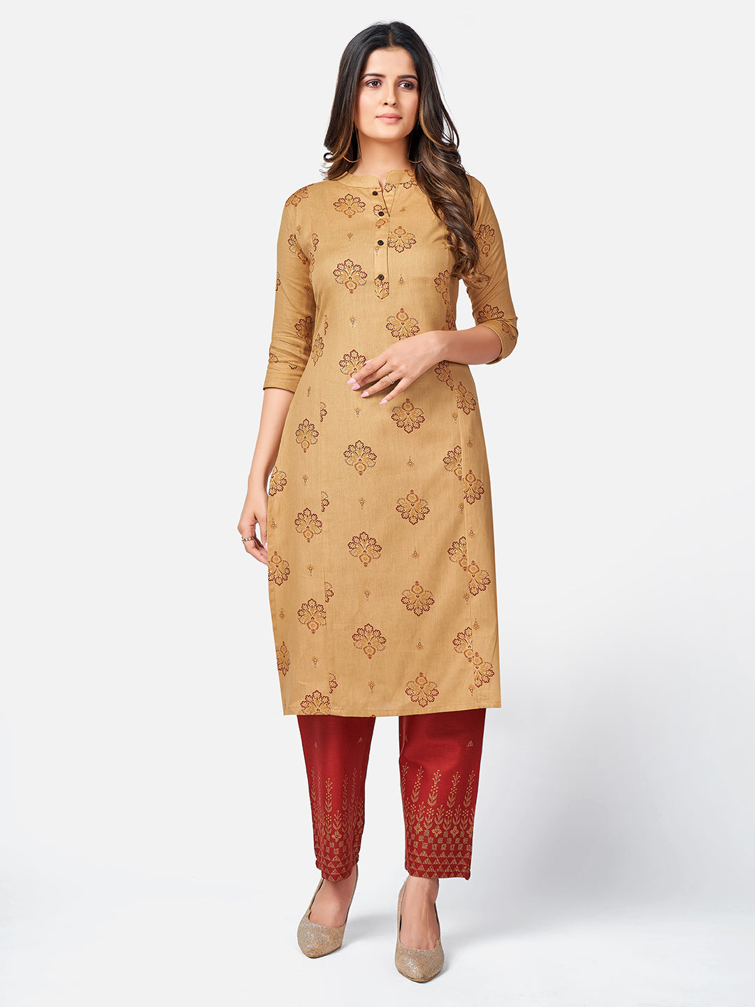 Women's Cream Cotton Kurta With Pant By Vbuyz (2Pcs Set)