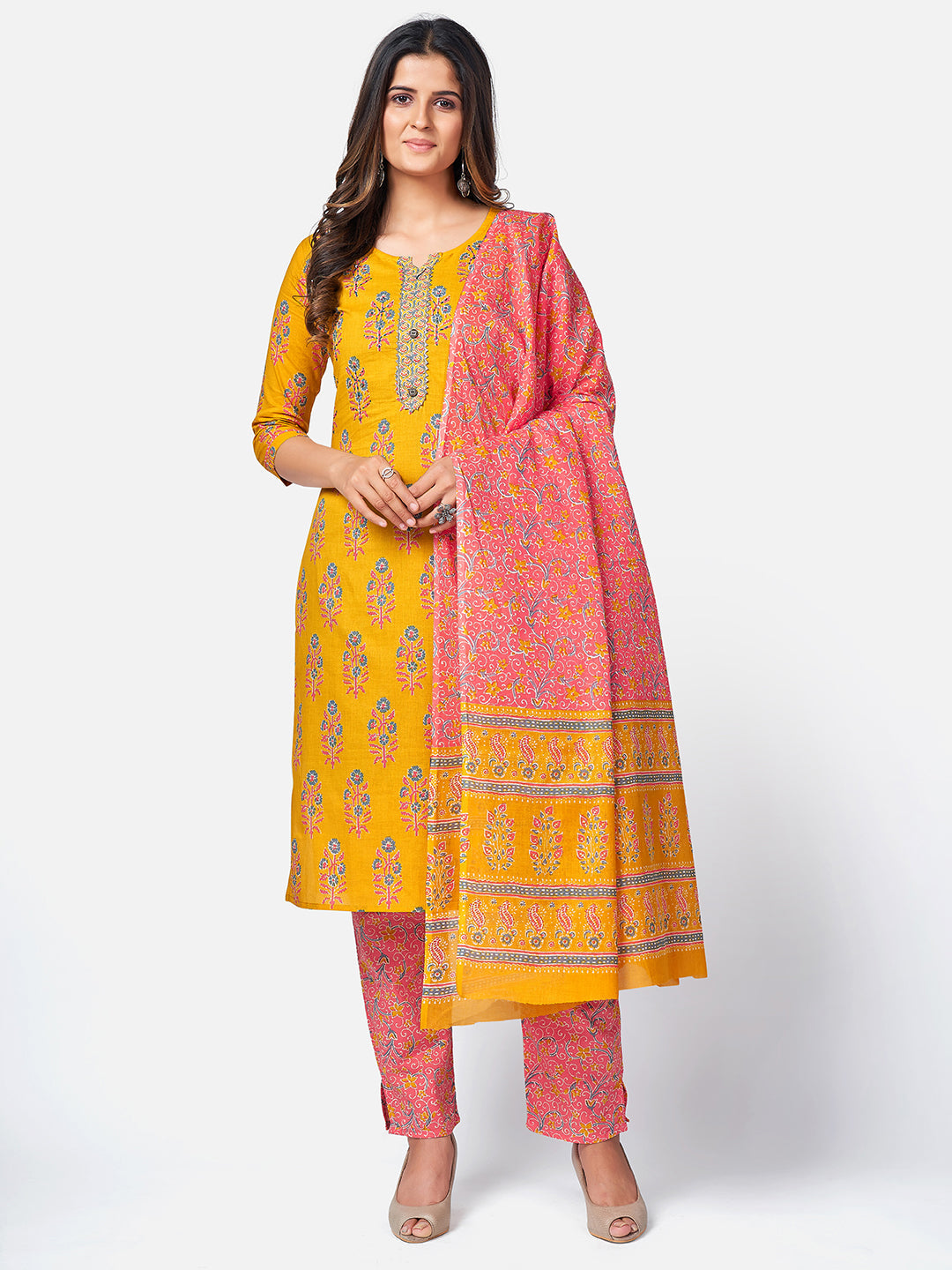 Women's Floral Print & Sequence Work Straight Cotton Yellow Kurta Pant With Dupatta - Vbuyz