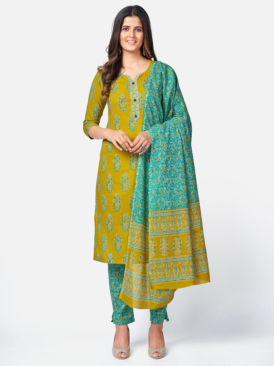 Women's Floral Print & Sequence Work Straight Cotton Sea Green Kurta Pant With Dupatta - Vbuyz