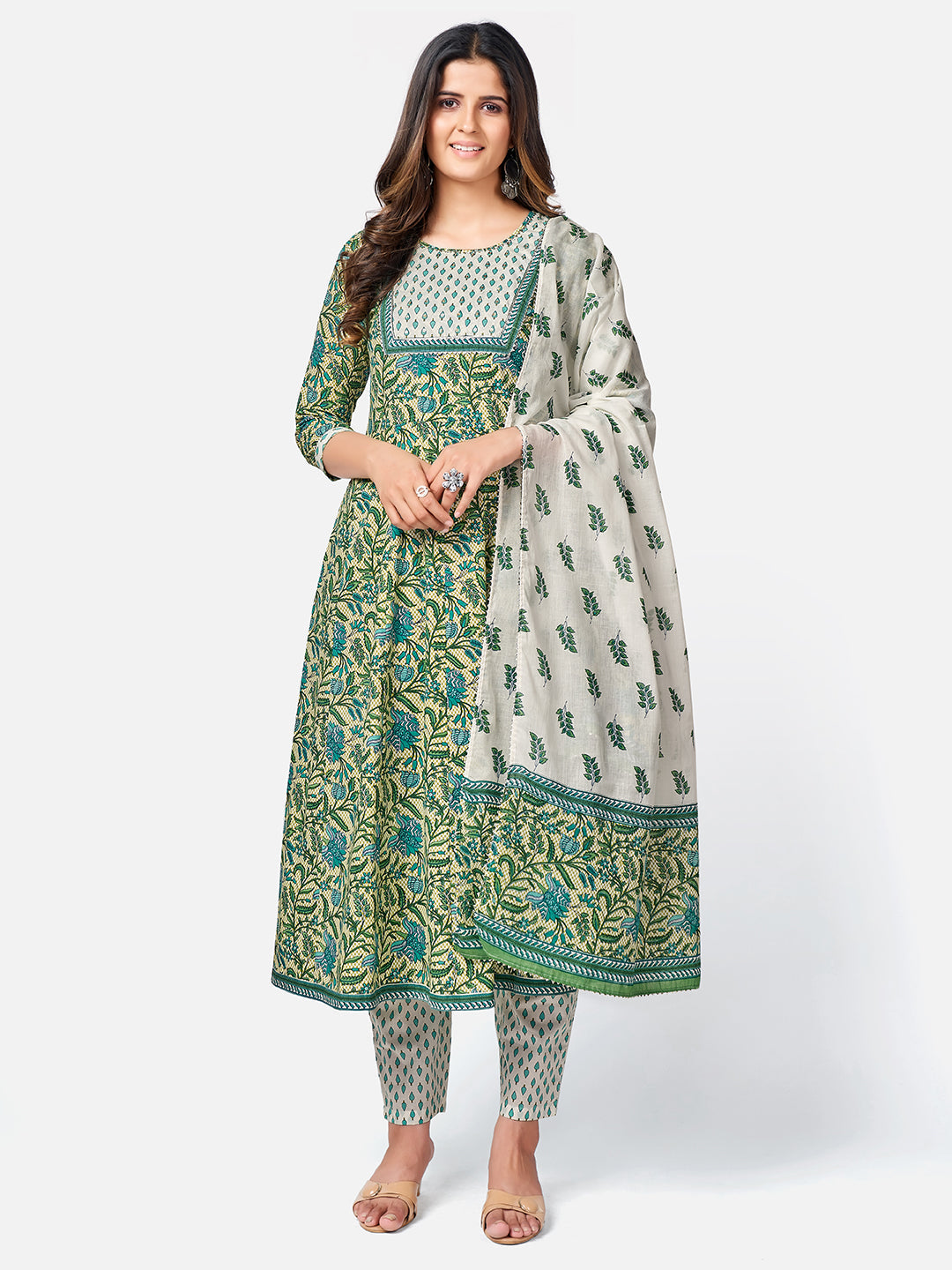 Women's Green Anarkali Cotton Kurta With Pant & Dupatta By Vbuyz (3Pcs Set)