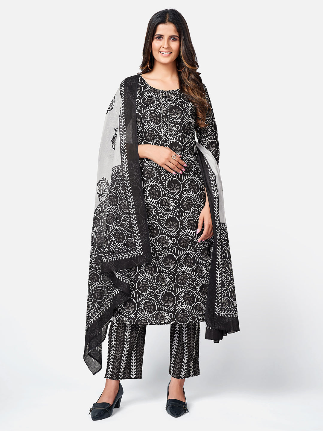 Women's Printed & Gota Patti Work Straight Cotton Black Kurta Pant With Dupatta - Vbuyz