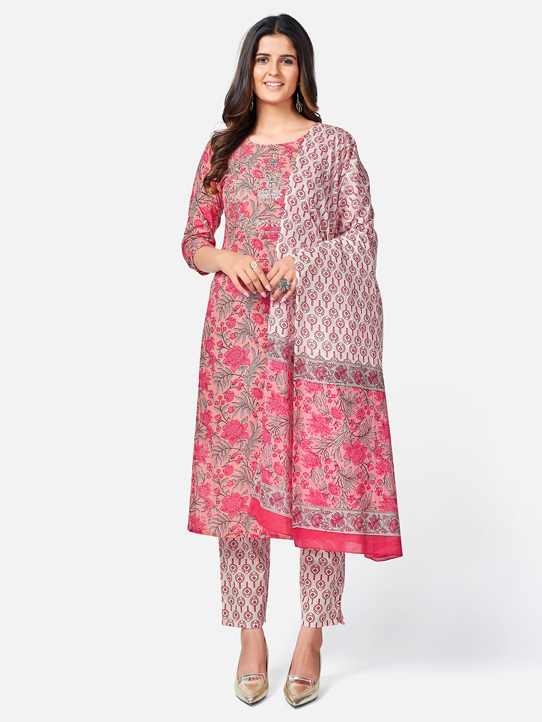 Women's Peach Cotton Kurta With Pant & Dupatta By Vbuyz (3Pcs Set)