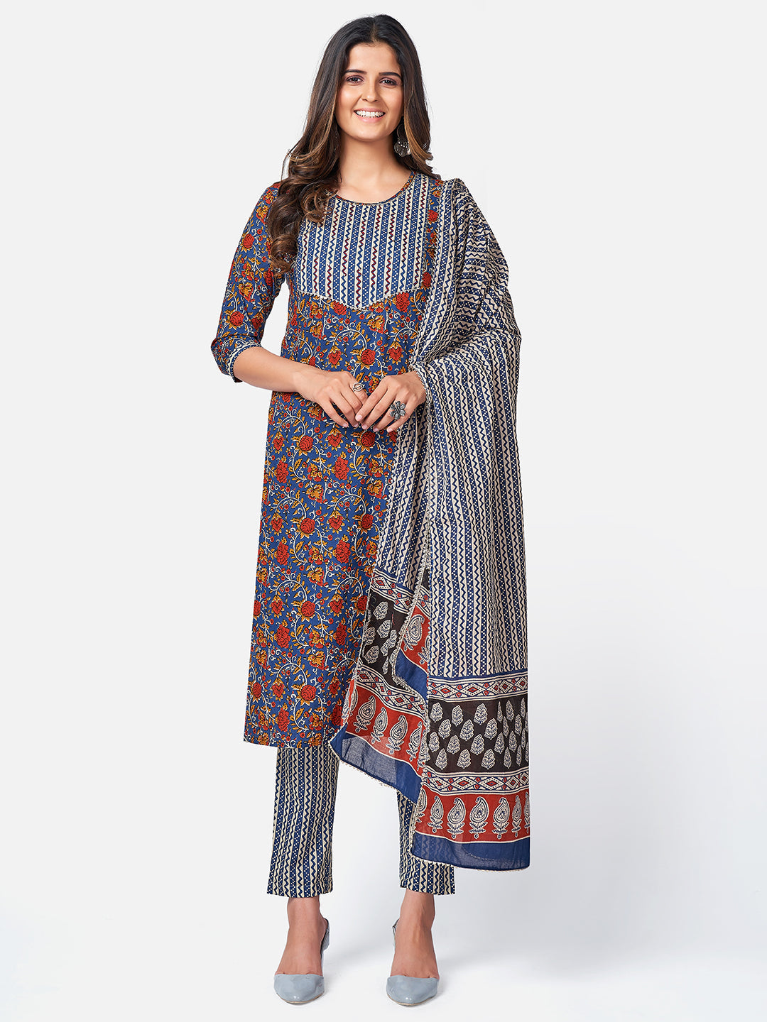 Women's Floral Print & Sequence Work Straight Cotton Blue Kurta Pant With Dupatta - Vbuyz