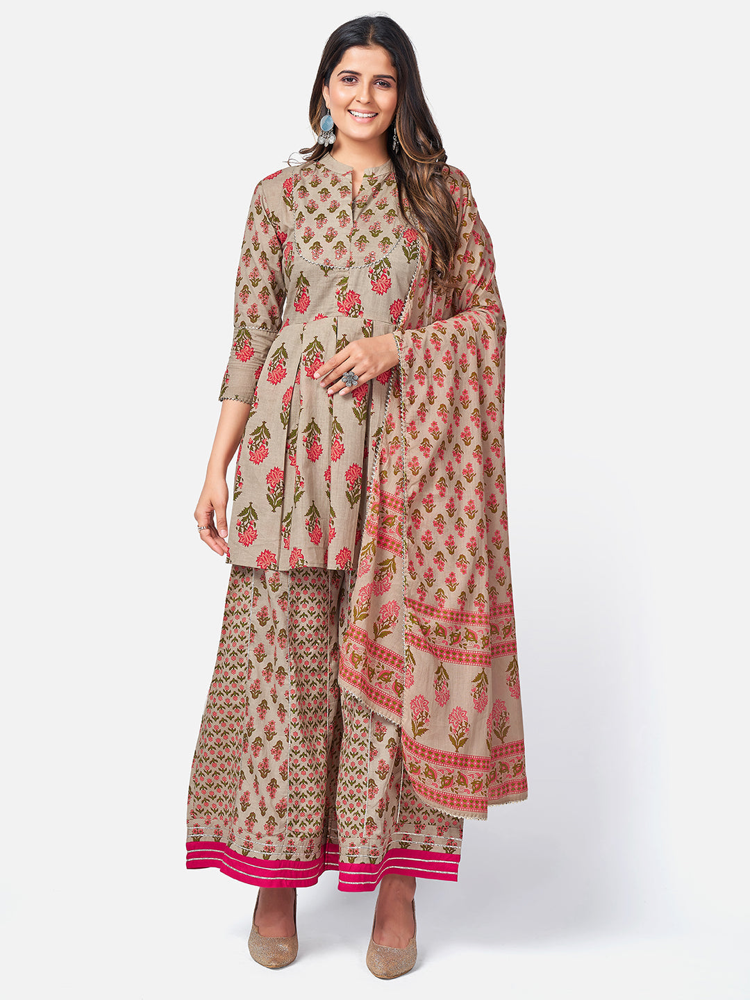 Women's Floral Print & Sequence Work Round Flared Cotton Light Grey Kurta Pant With Dupatta - Vbuyz