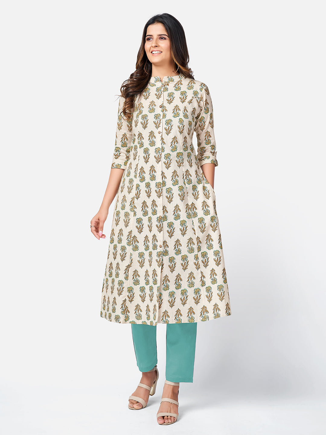 Women's Printed A-Line Cotton Beige Kurta - Vbuyz