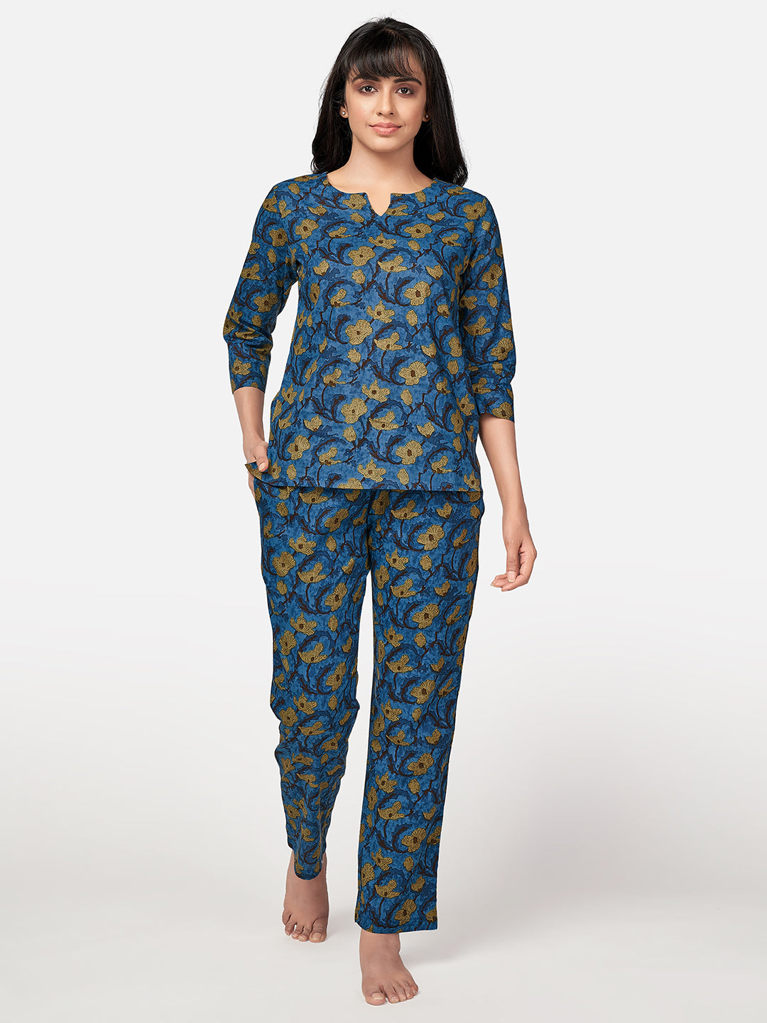 Women's Floral Print  Cotton Blue Night Suit Set - Vbuyz