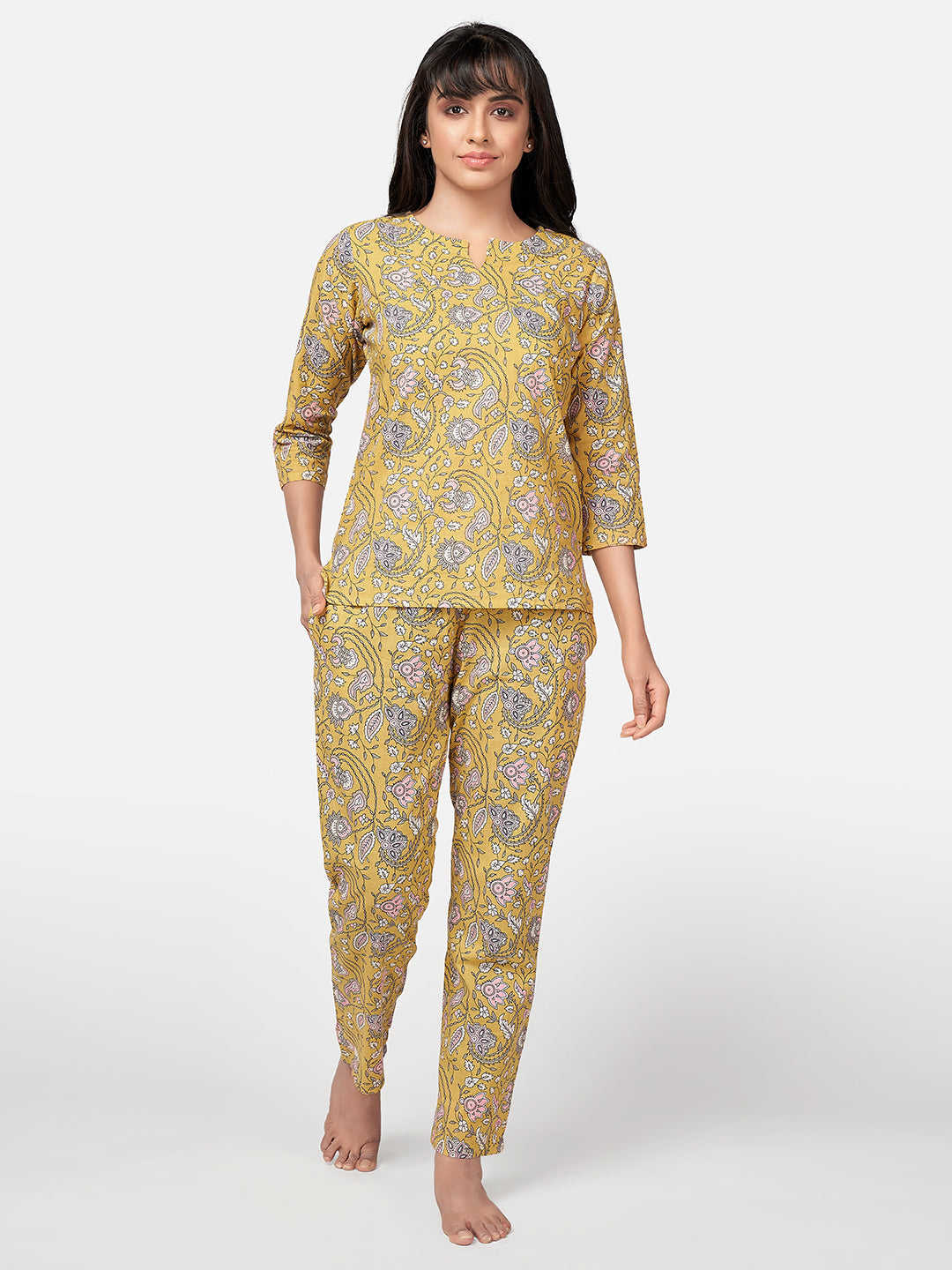 Women's Floral Print  Cotton Yellow Night Suit Set - Vbuyz