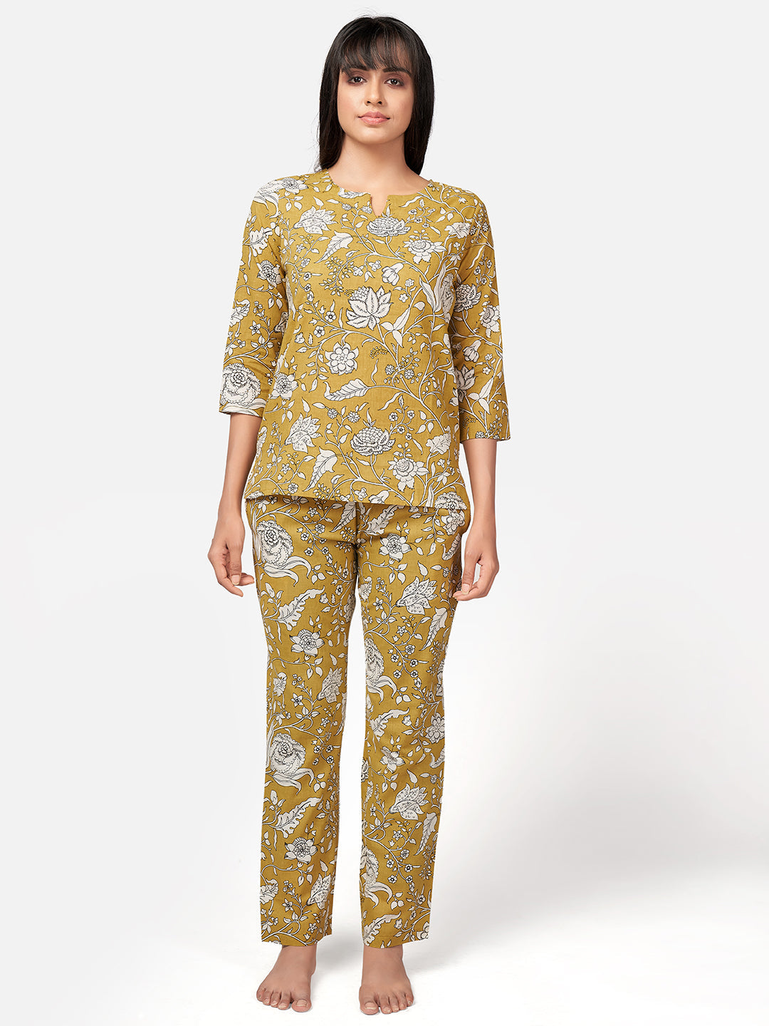 Women's Mustard Floral Print Cotton Night Suit Set By Vbuyz- (2Pcs Set)