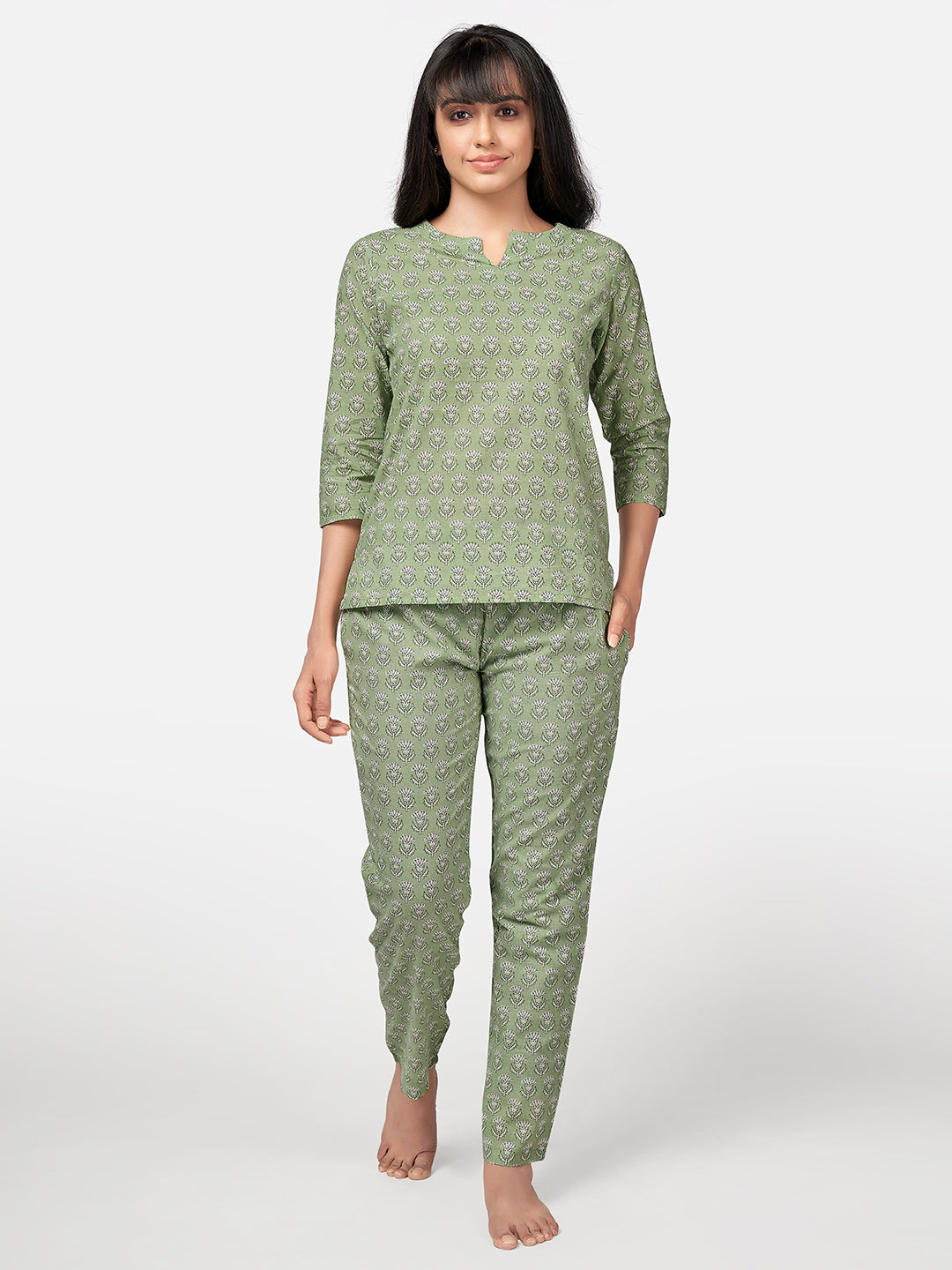 Women's Floral Print  Cotton Pista Night Suit Set - Vbuyz