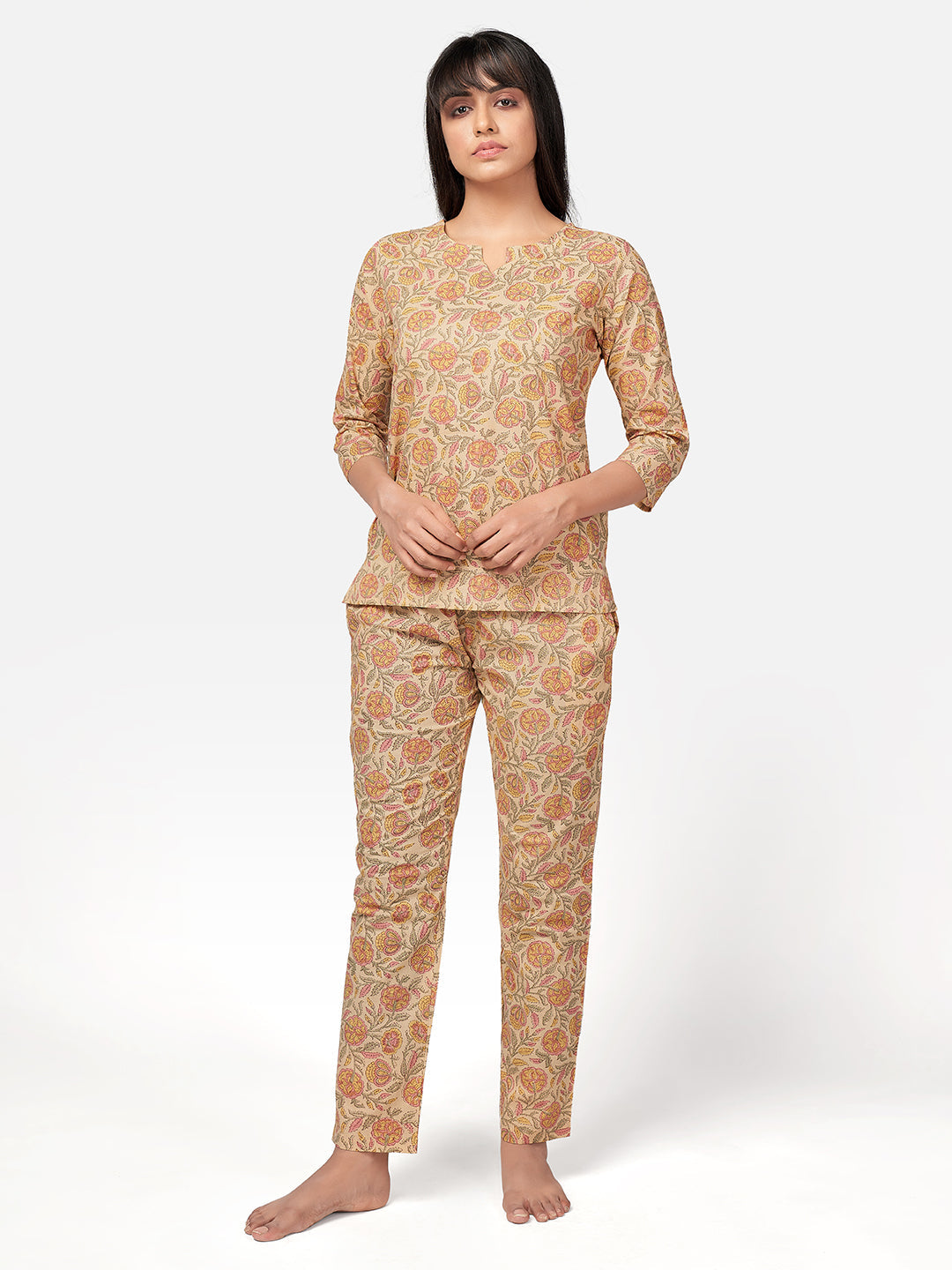 Women's Floral Print  Cotton Beige Night Suit Set - Vbuyz