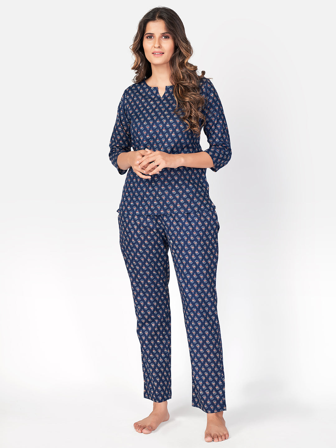 Women's Floral Print  Cotton Blue Night Suit Set - Vbuyz