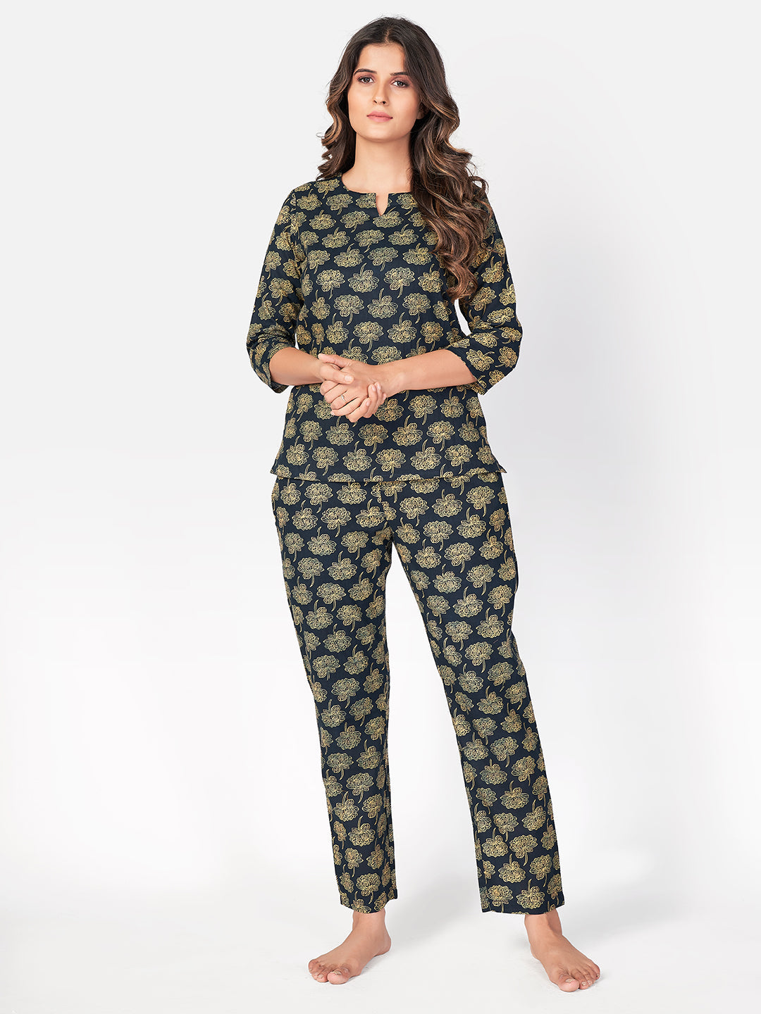 Women's Floral Print  Cotton Navy Blue Night Suit Set - Vbuyz