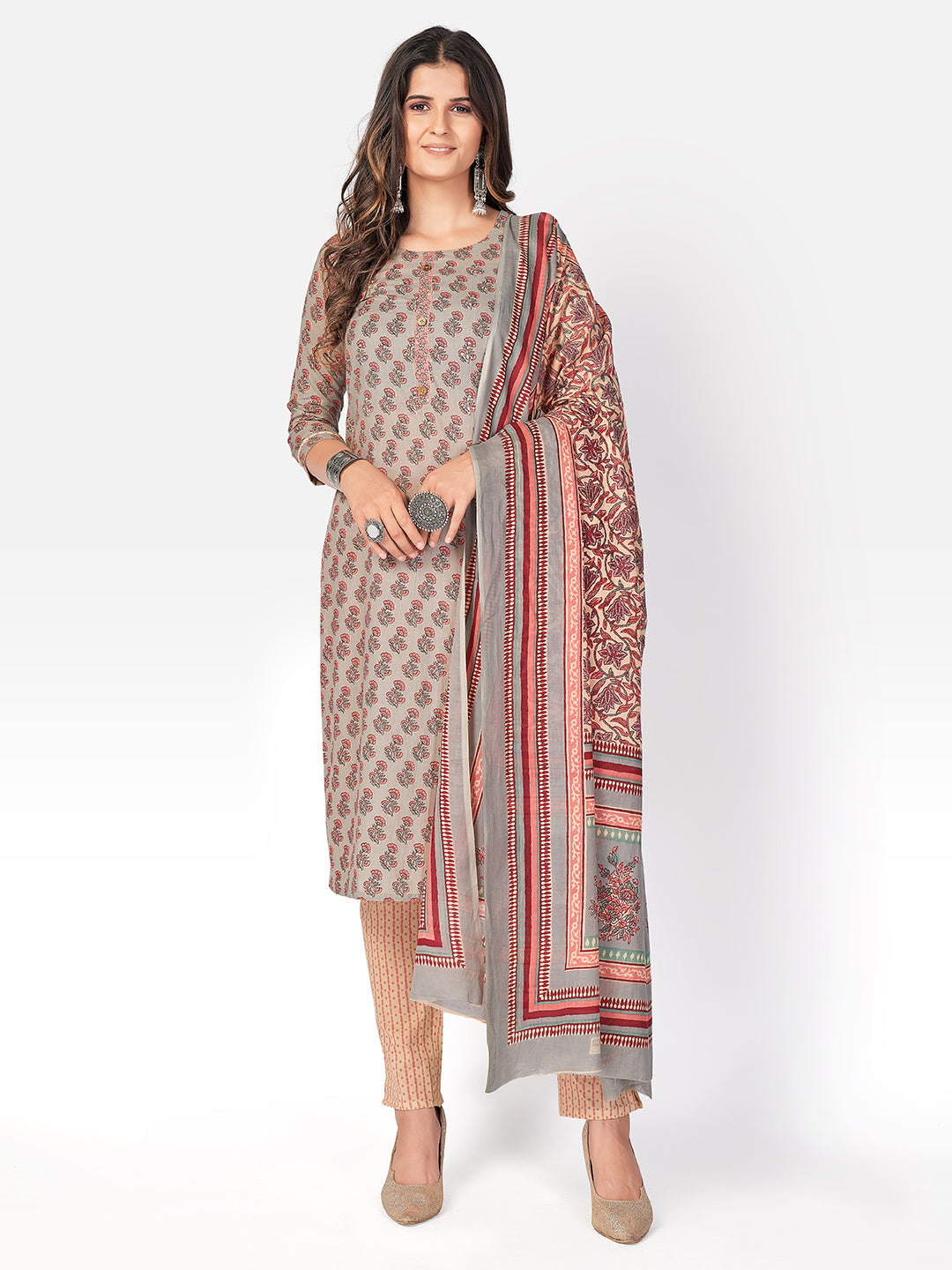 Women's Printed & Sequence Work Straight Cotton Olive Green Kurta Pant With Dupatta - Vbuyz