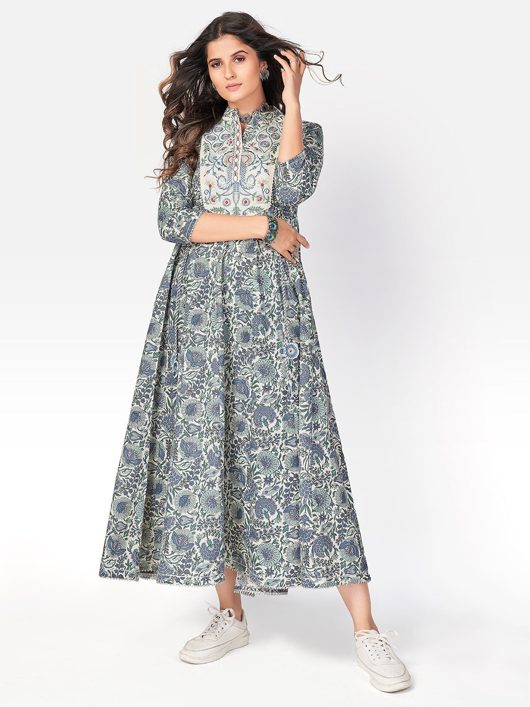 Women's Printed & Embroidered Anarkali Cotton Light Teal Kurta - Vbuyz