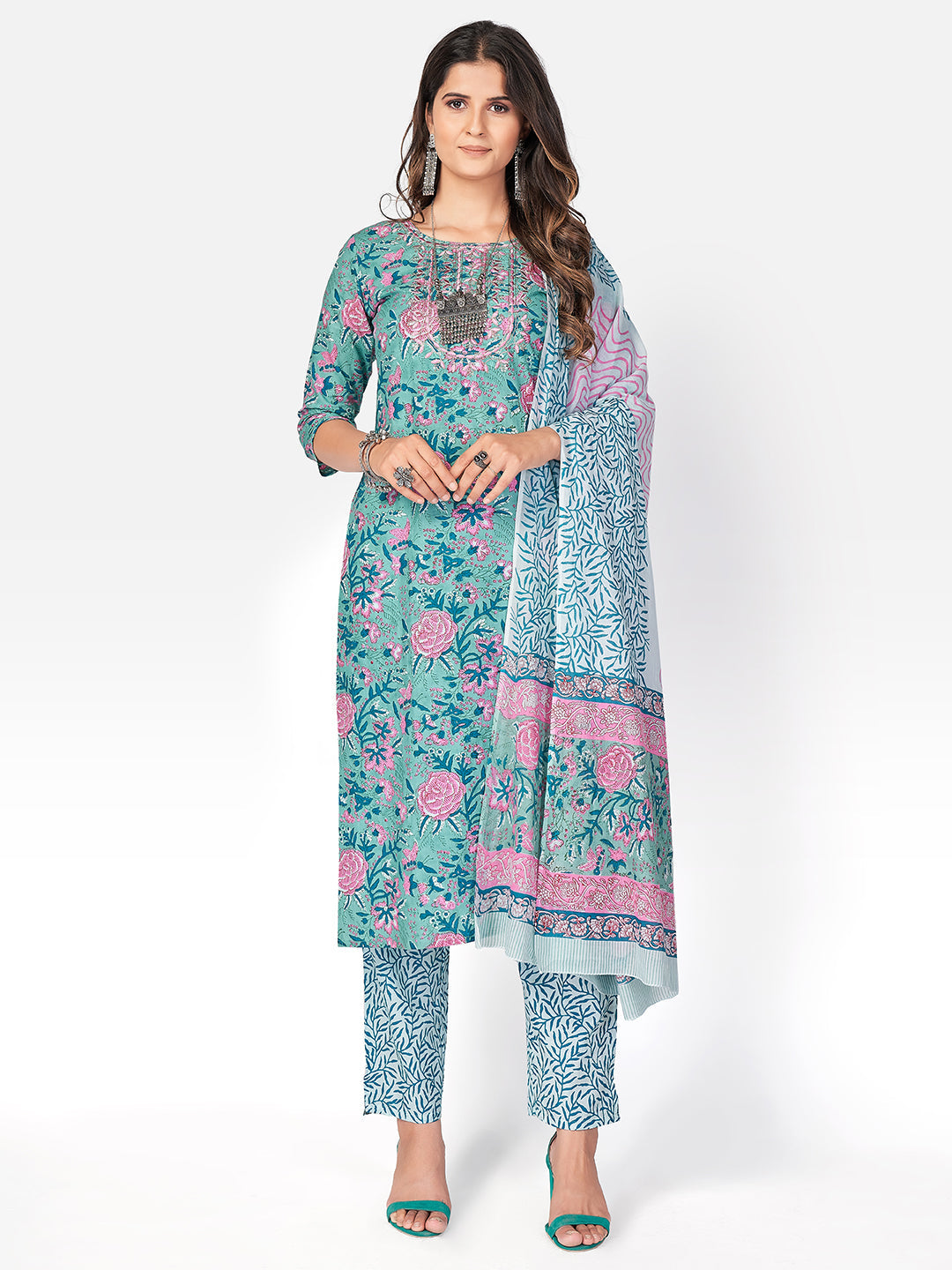 Women's Printed & Embroidered Straight Cotton Turquoise Kurta Pant With Dupatta - Vbuyz