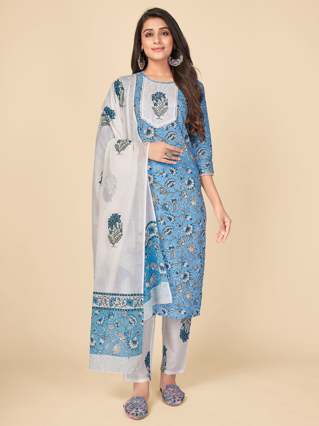 Women's Sky Blue Cotton Kurta With Pant & Dupatta By Vbuyz (3Pcs Set)