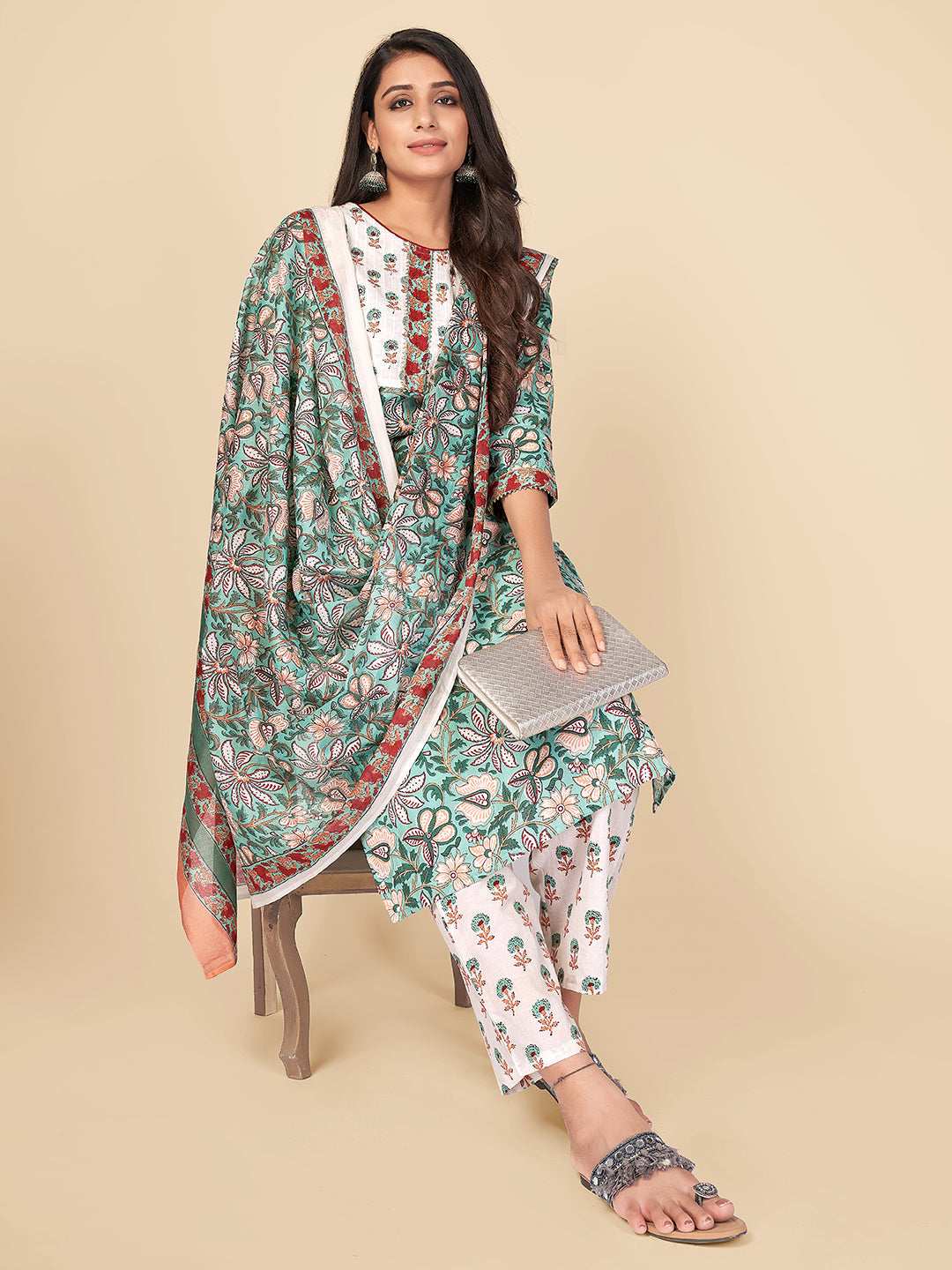 Women's Aqua Green Cotton Kurta With Pant & Dupatta By Vbuyz (3Pcs Set)