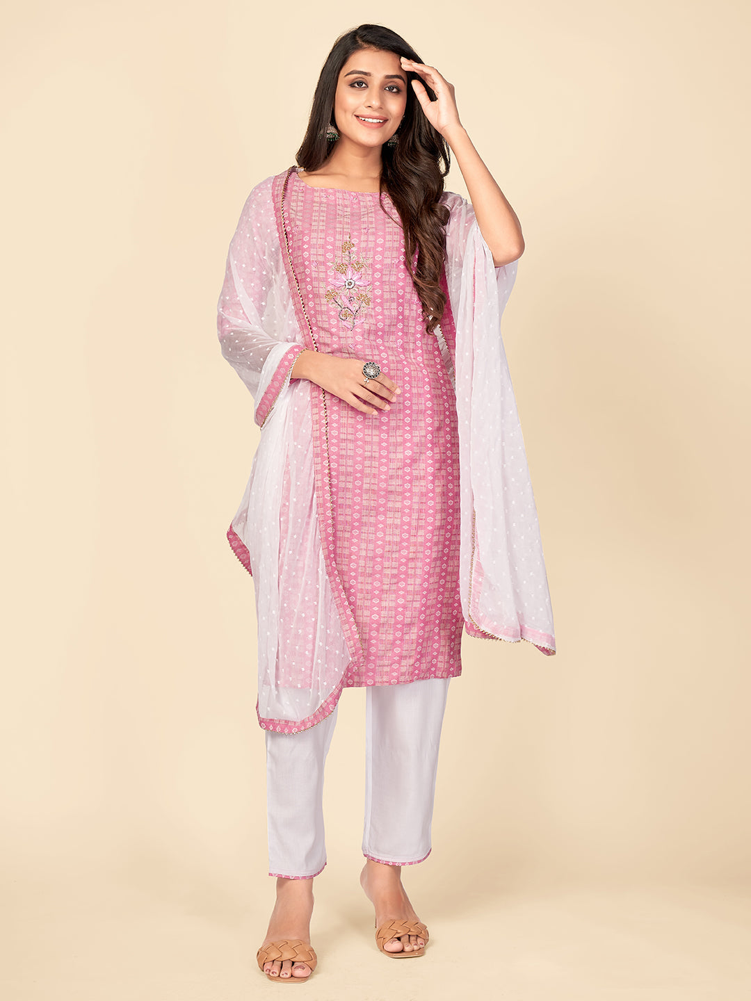 Women's Pink Cotton Kurta With Pant & Dupatta By Vbuyz (3Pcs Set)