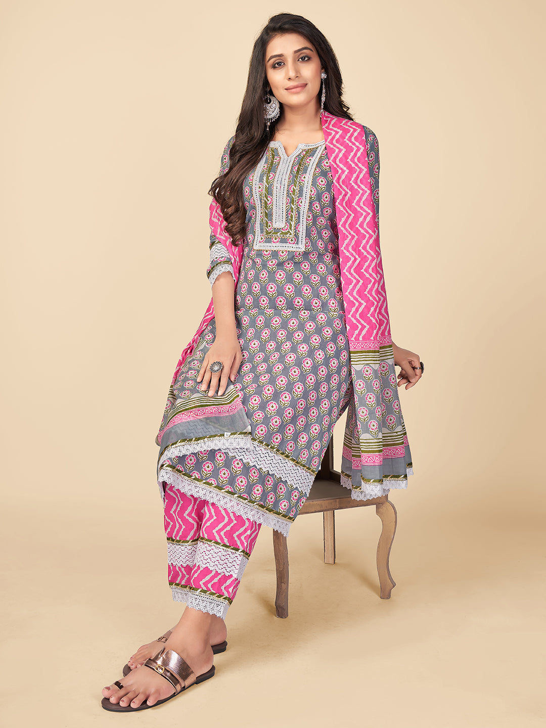 Women's Printed & Lace Work Straight Rayon Grey Kurta Pant With Dupatta - Vbuyz