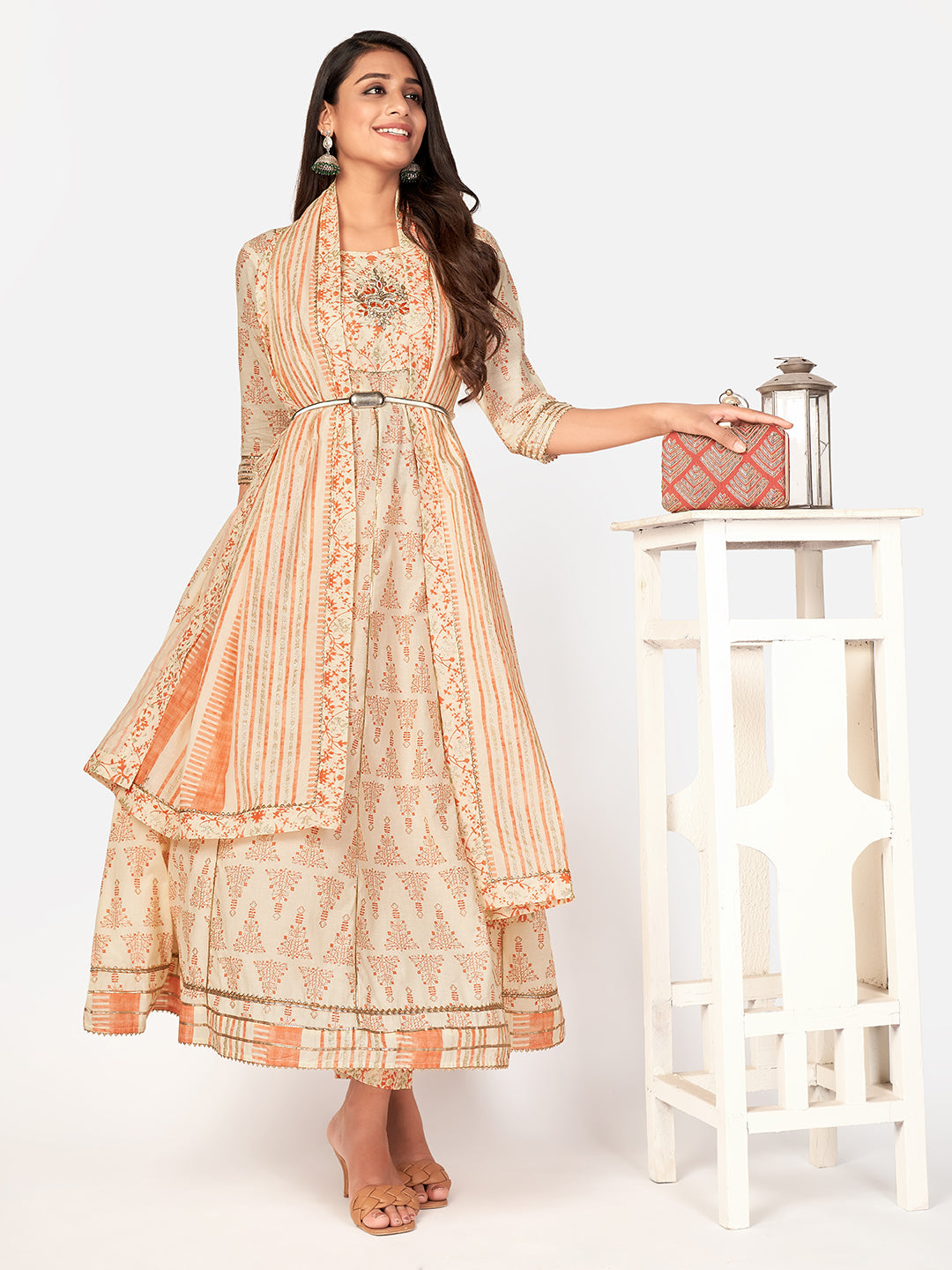 Women's Foil Print & Embroidered Anarkali Cotton Beige Kurta Pant With Dupatta - Vbuyz