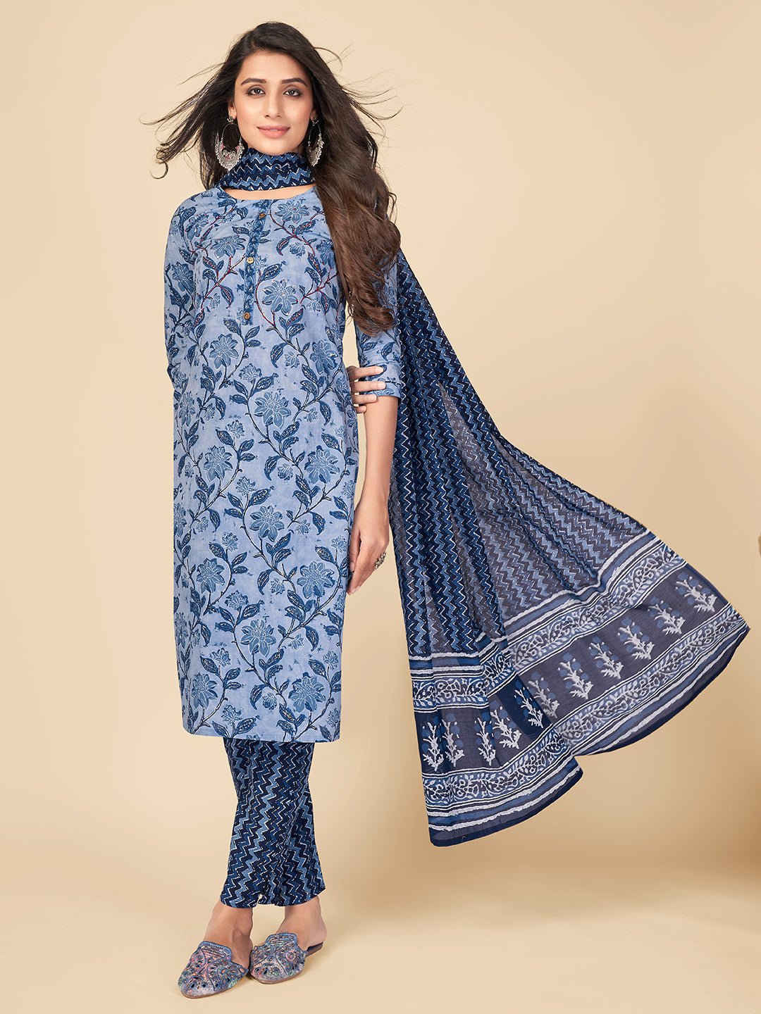 Women's Blue Cotton Kurta With Pant & Dupatta By Vbuyz (3Pcs Set)