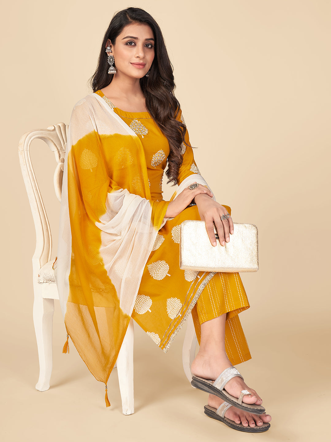 Women's Printed & Hand Work Straight Cotton Yellow Kurta Pant With Dupatta - Vbuyz