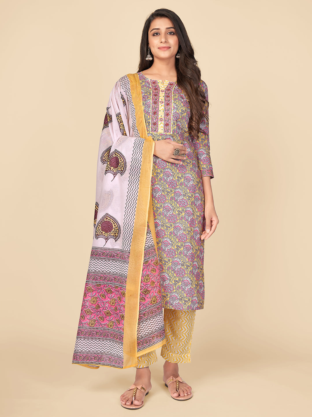 Women's Printed & Sequence Work Straight Cotton Pink Kurta Pant With Dupatta - Vbuyz