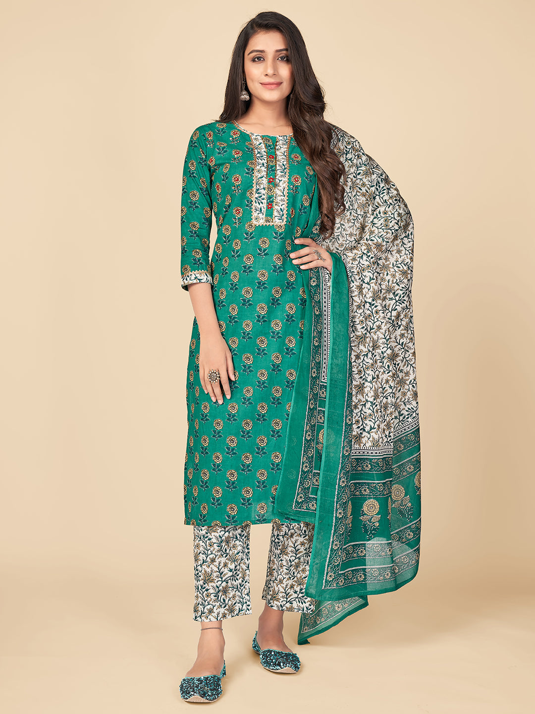 Women's Turquoise Kurta & Pant With Dupatta By Vbuyz- (3Pcs Set)