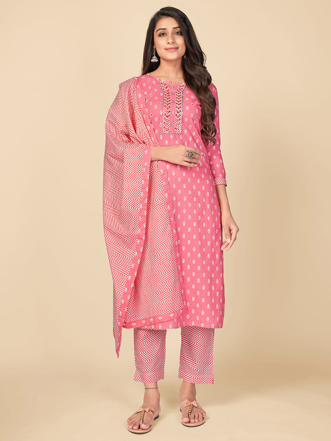 Women's Printed & Mirror Work Straight Cotton Pink Kurta Pant With Dupatta - Vbuyz