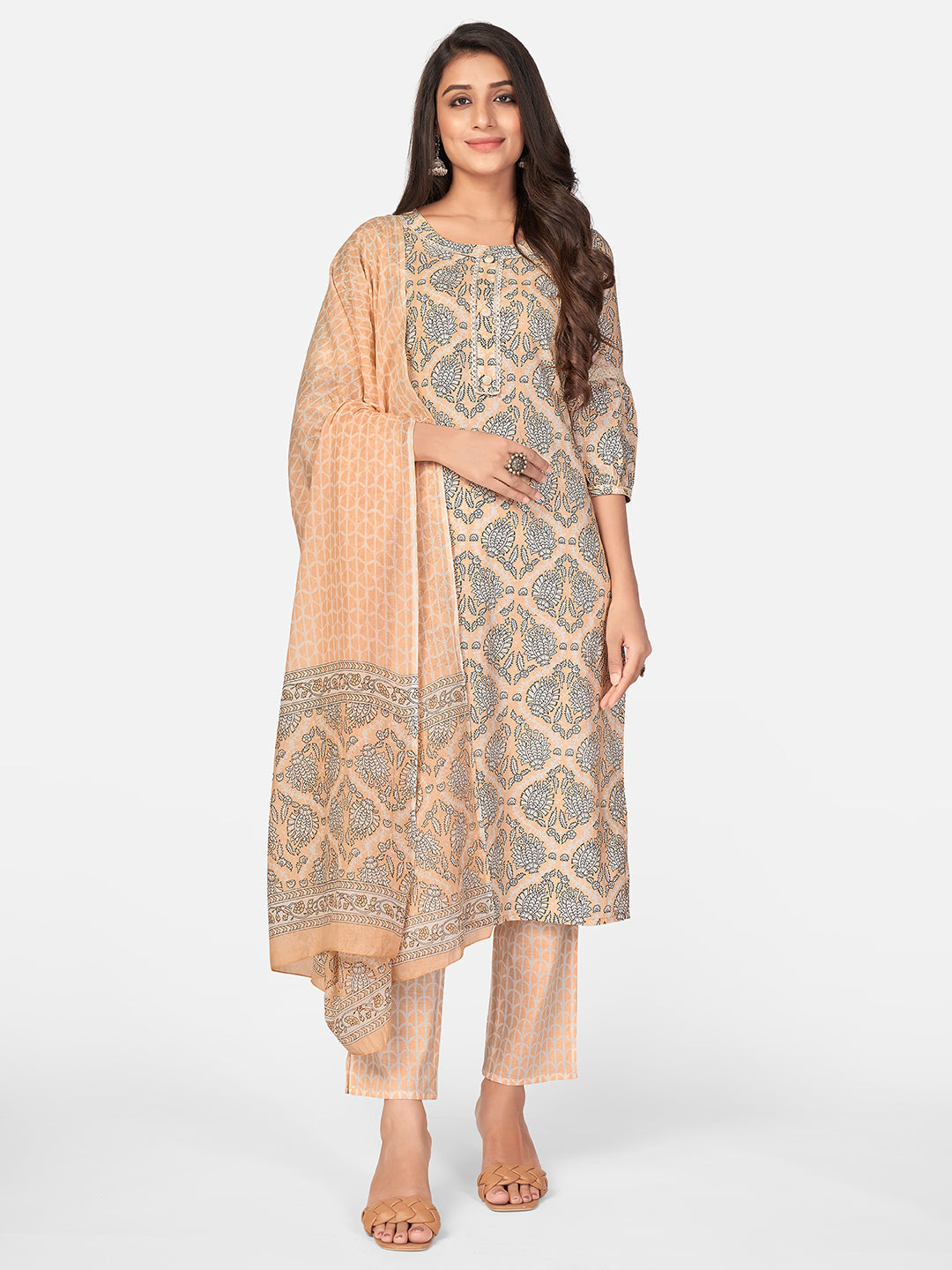 Women's Peach Cotton Kurta With Pant & Dupatta By Vbuyz (3Pcs Set)