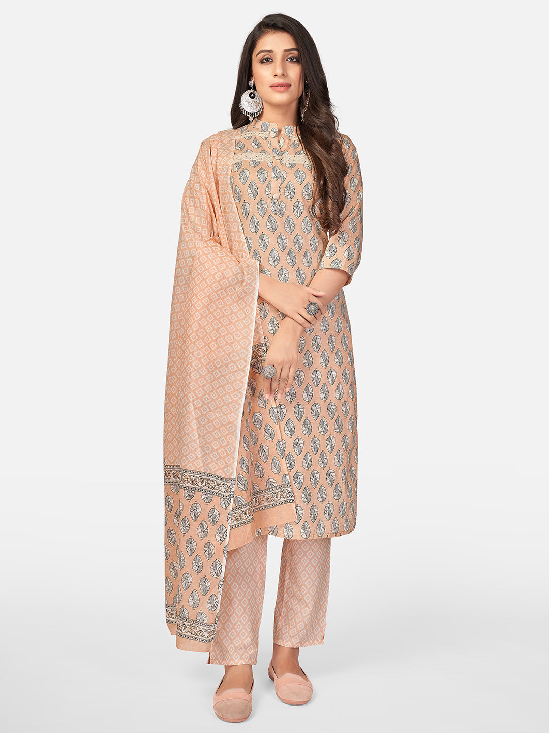 Women's Printed & Lace Work Straight Cotton Light Peach Kurta Pant With Dupatta - Vbuyz