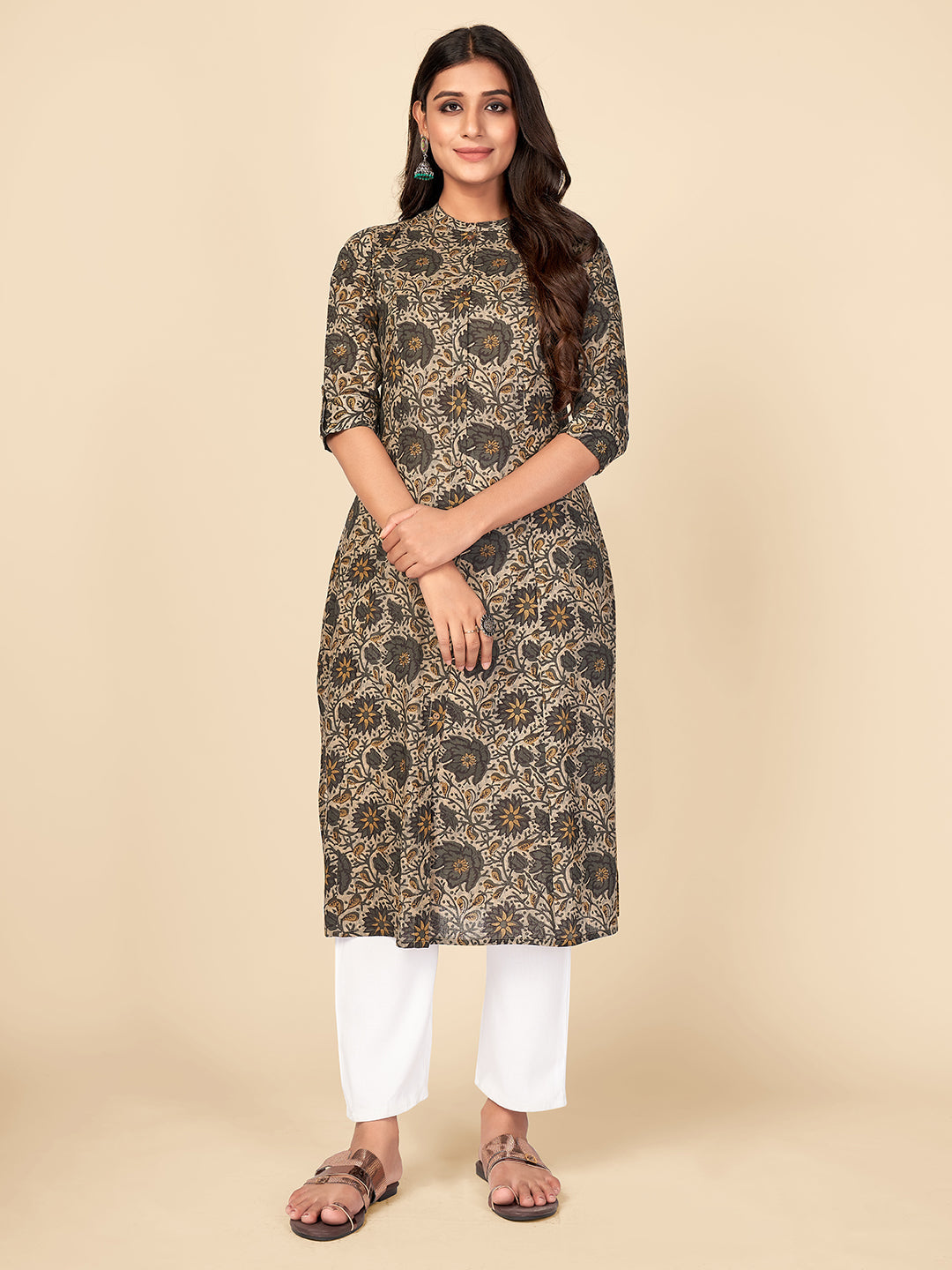 Women's Floral Print A-Line Cotton Grey Kurta With Multiple Slit - Vbuyz