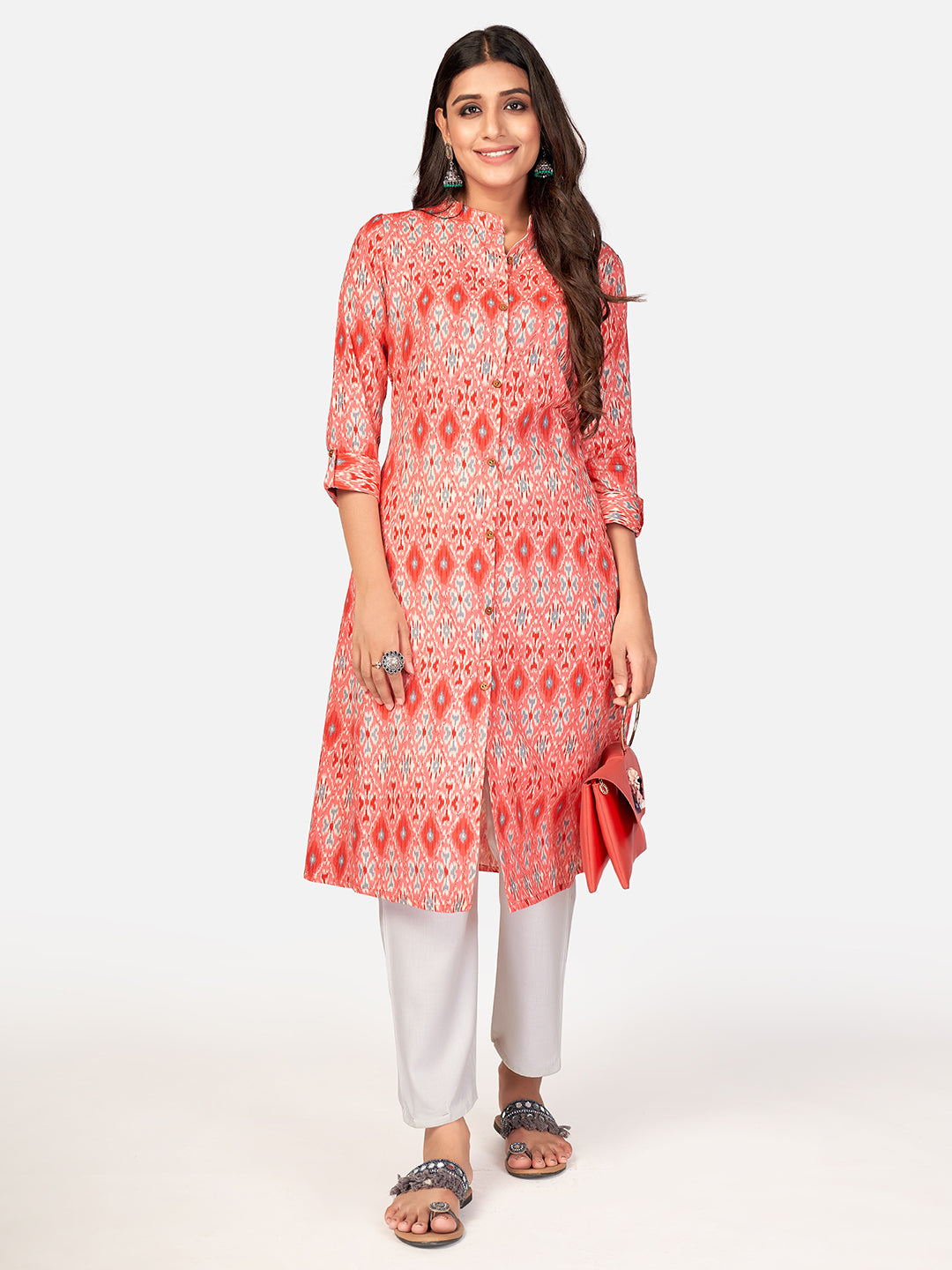 Women's Printed A-Line Cotton Coral Kurta With Multiple Slit - Vbuyz