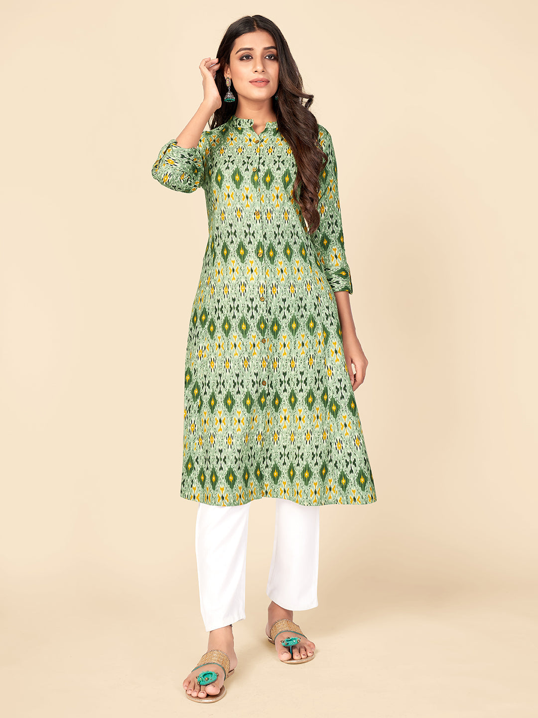 Women's Printed A-Line Cotton Green Kurta With Multiple Slit - Vbuyz