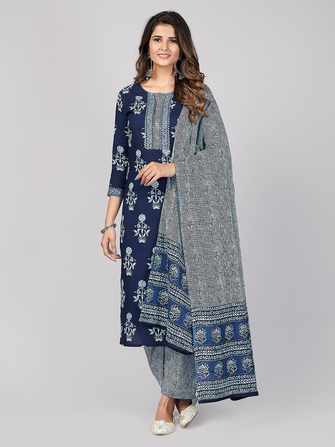 Women's Blue Cotton Kurta & Pant With Dupatta By Vbuyz- (3Pcs Set)