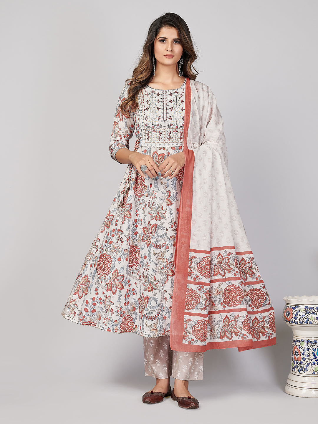 Women's Printed & Embroidered & Mirror Work Anarkali Cotton White Stitched Kurta Pant With Dupatta - Vbuyz