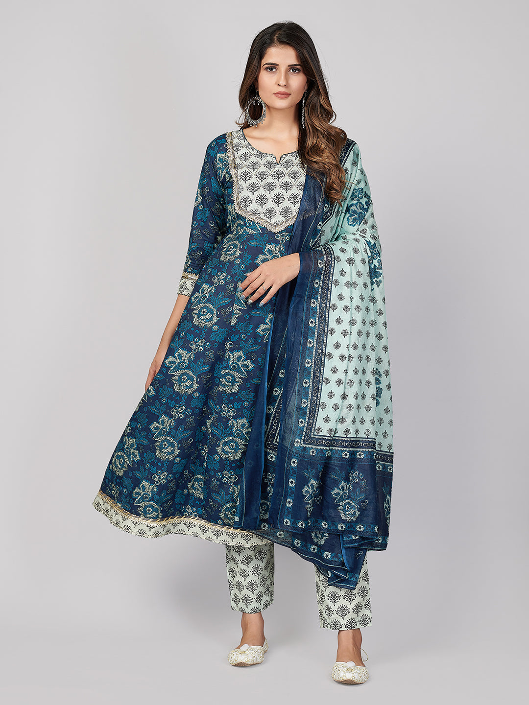 Women's Printed & Gota Patti Work Anarkali Cotton Blue Stitched Kurta Pant With Dupatta - Vbuyz