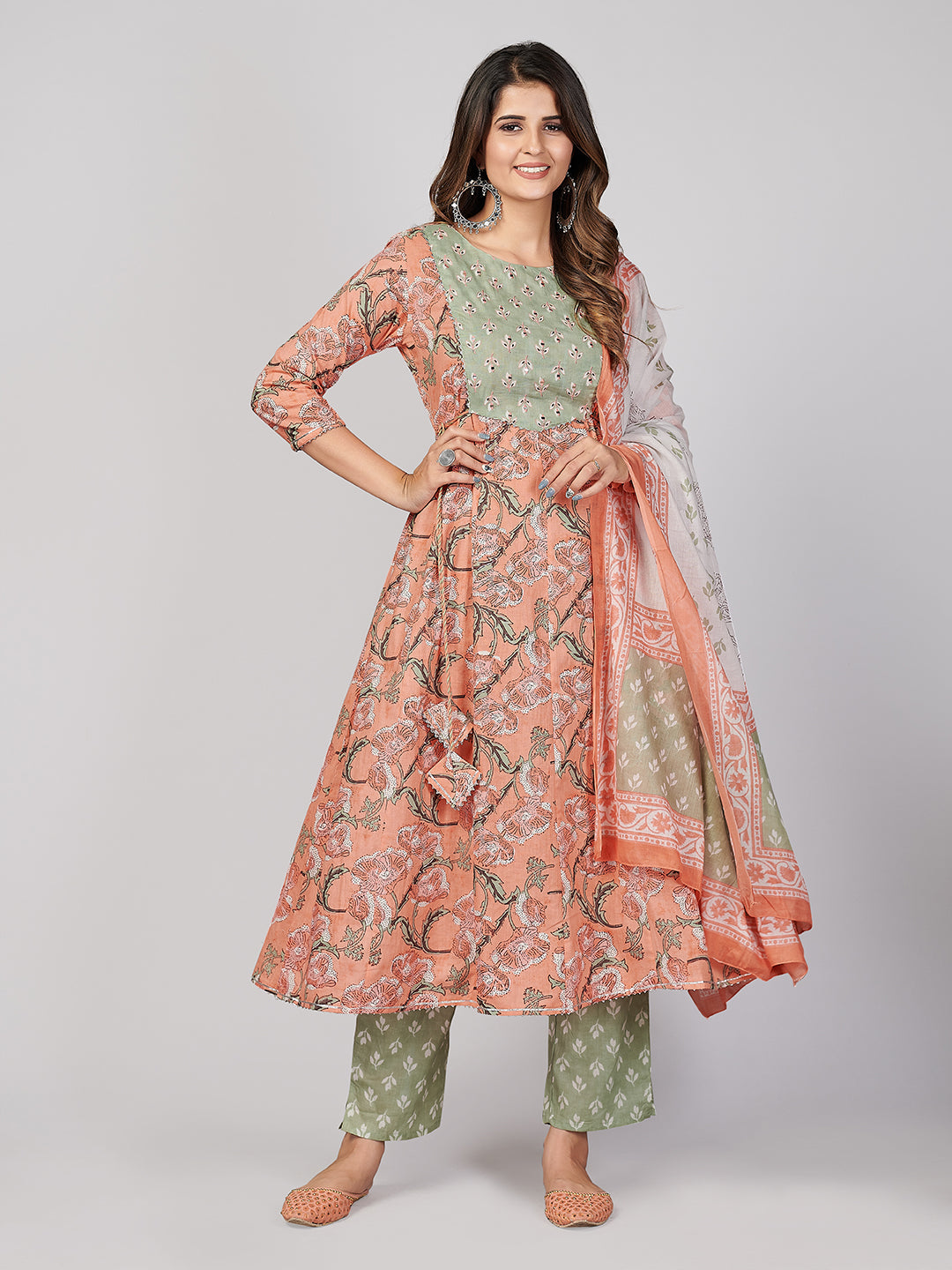 Women's Peach Anarkali Kurta & Pant With Dupatta By Vbuyz- (3Pcs Set)