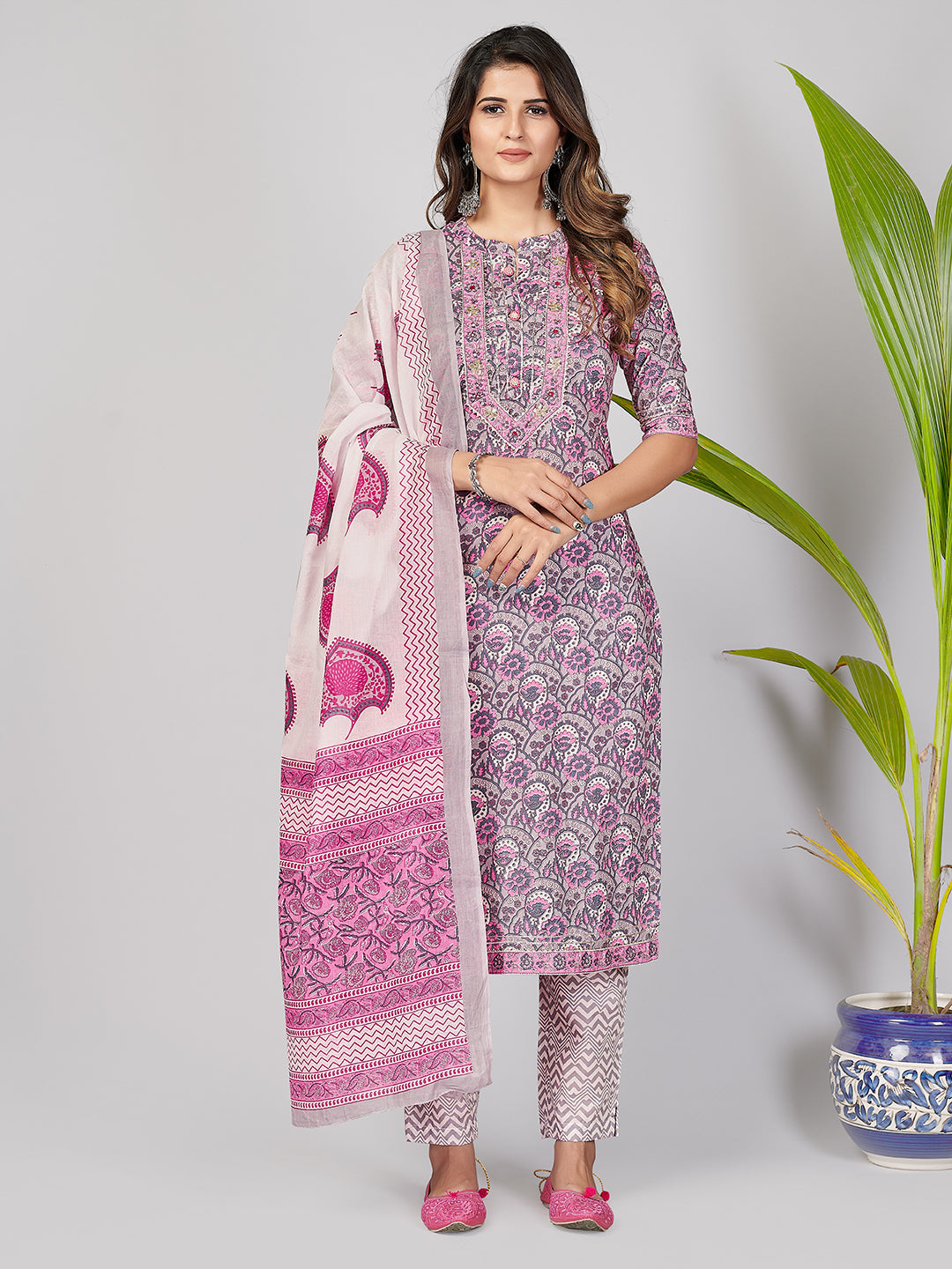 Women's Printed & Gota Patti & Mirror Work Straight Cotton Pink Stitched Kurta Pant With Dupatta - Vbuyz