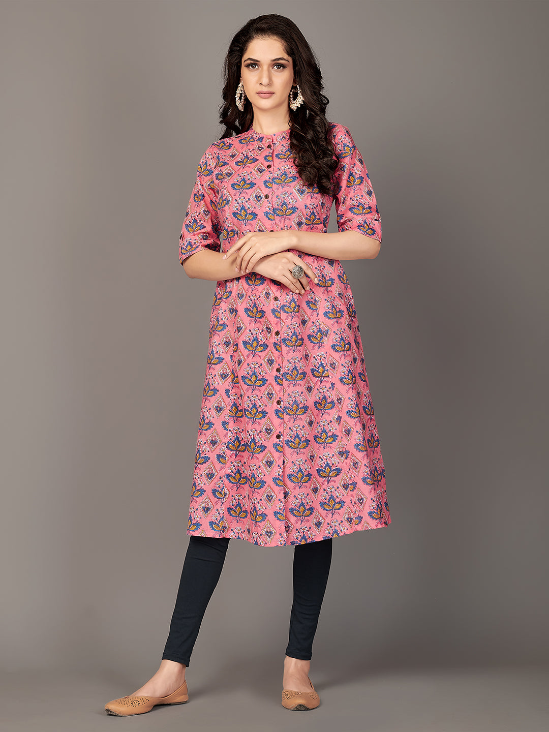 Women's Floral Print A-Line Cotton Pink Stitched Kurta With Multiple Slit - Vbuyz