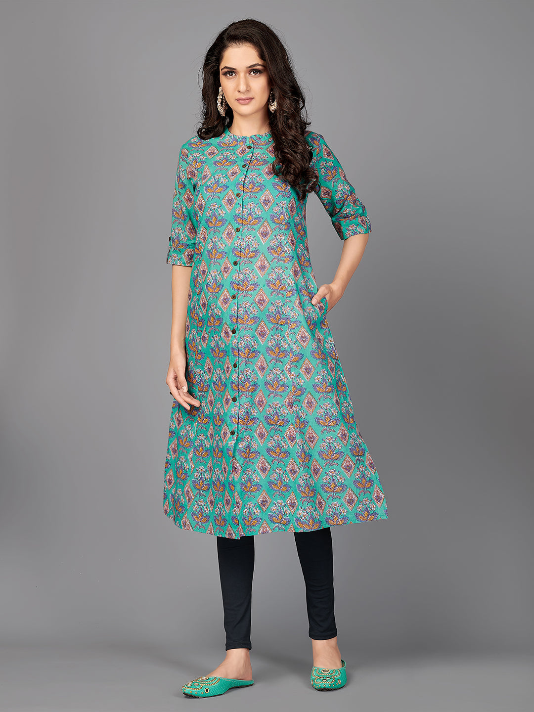 Women's Floral Print A-Line Cotton Turquoise Stitched Kurta With Multiple Slit - Vbuyz