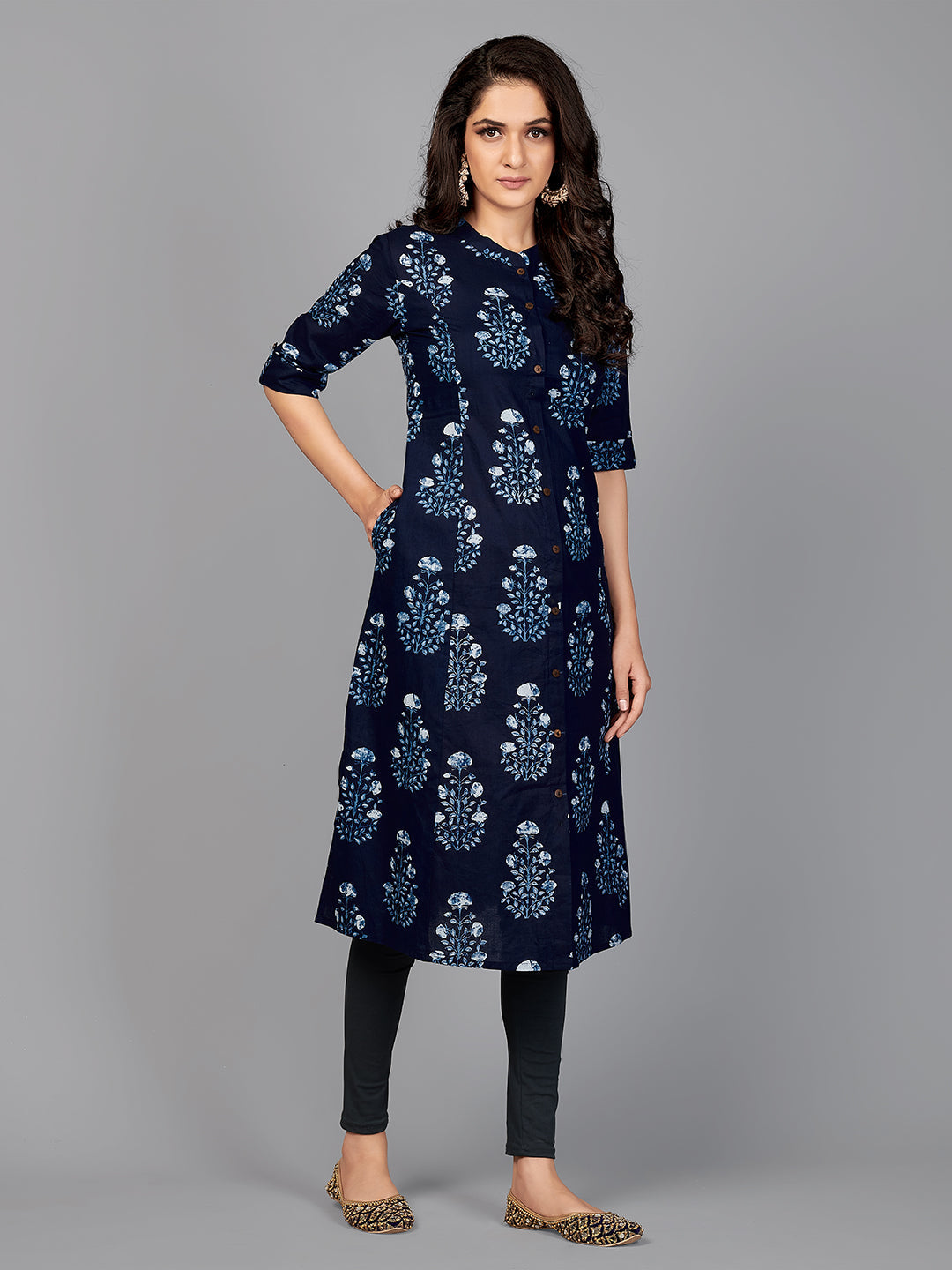 Women's Block Print A-Line Cotton Indigo Stitched Kurta With Multiple Slit - Vbuyz