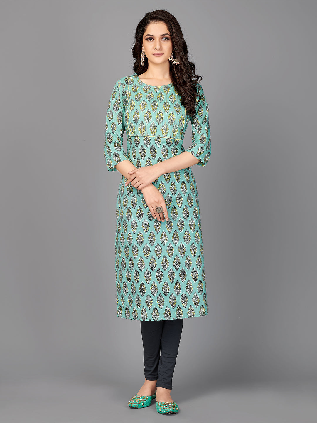 Women's Floral Print Straight Cotton Aqua Stitched Kurta - Vbuyz