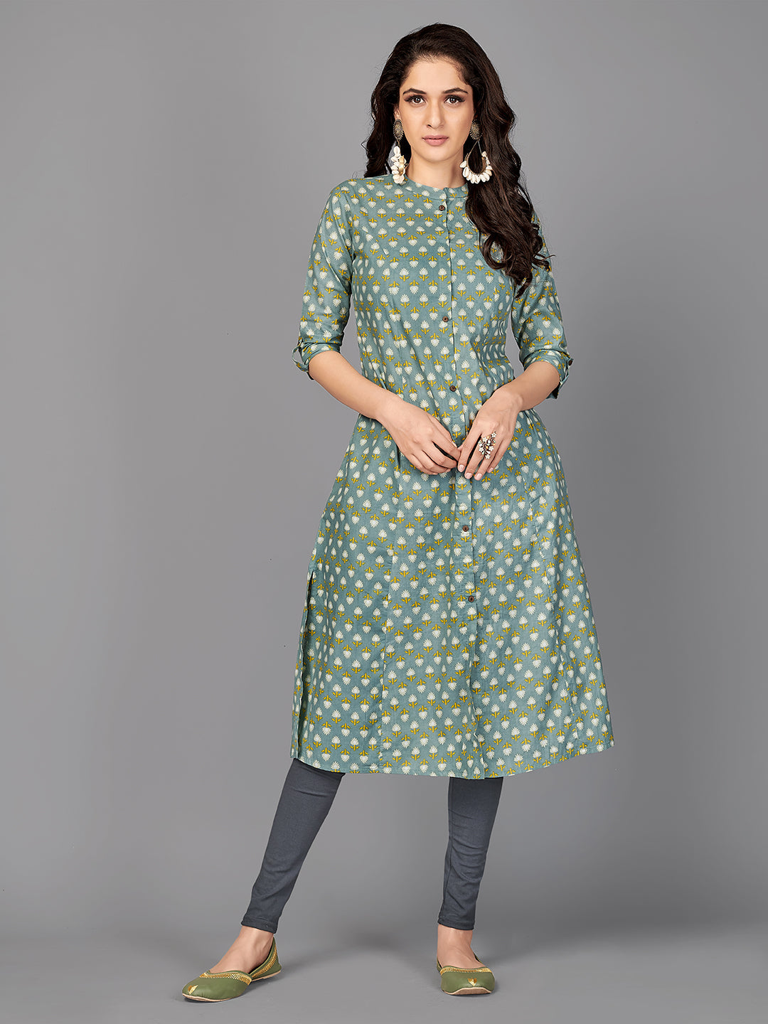 Women's Floral Print A-Line Cotton Teal Stitched Kurta With Multiple Slit - Vbuyz