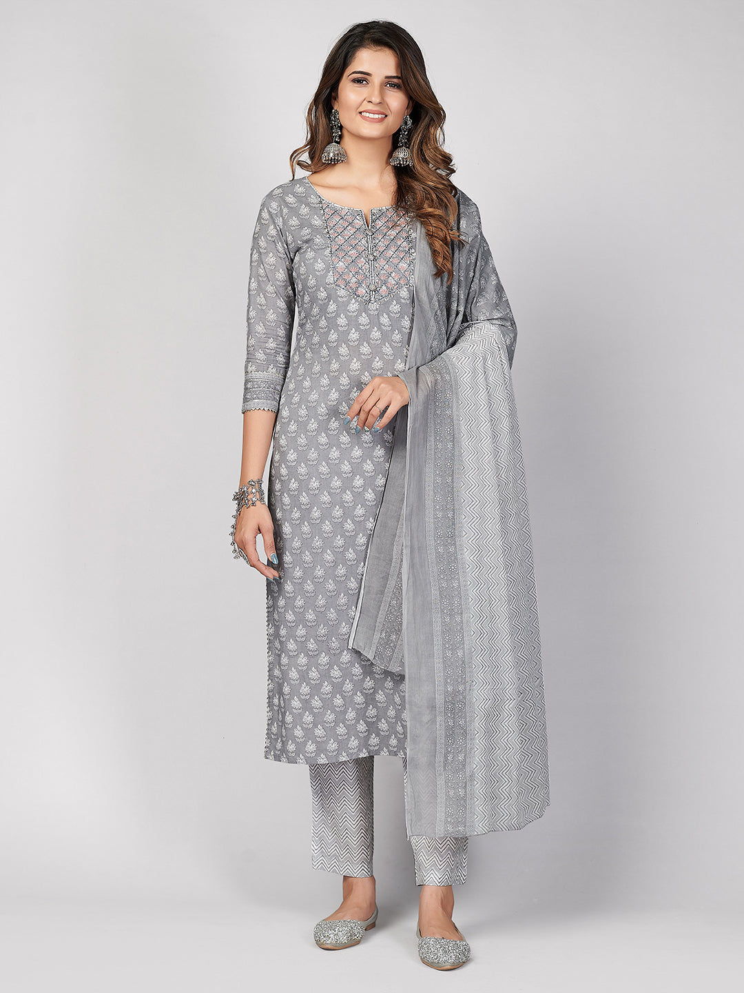 Women's Printed & Embroidered Straight Cotton Grey Stitched Kurta Pant With Dupatta - Vbuyz