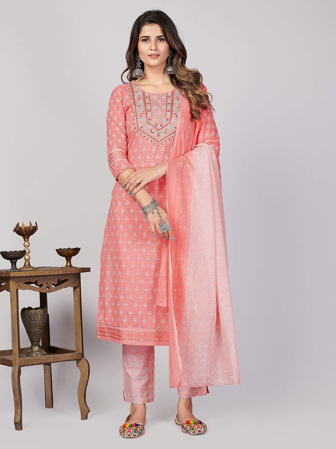 Women's Printed & Embroidered Straight Cotton Pink Stitched Kurta Pant With Dupatta - Vbuyz